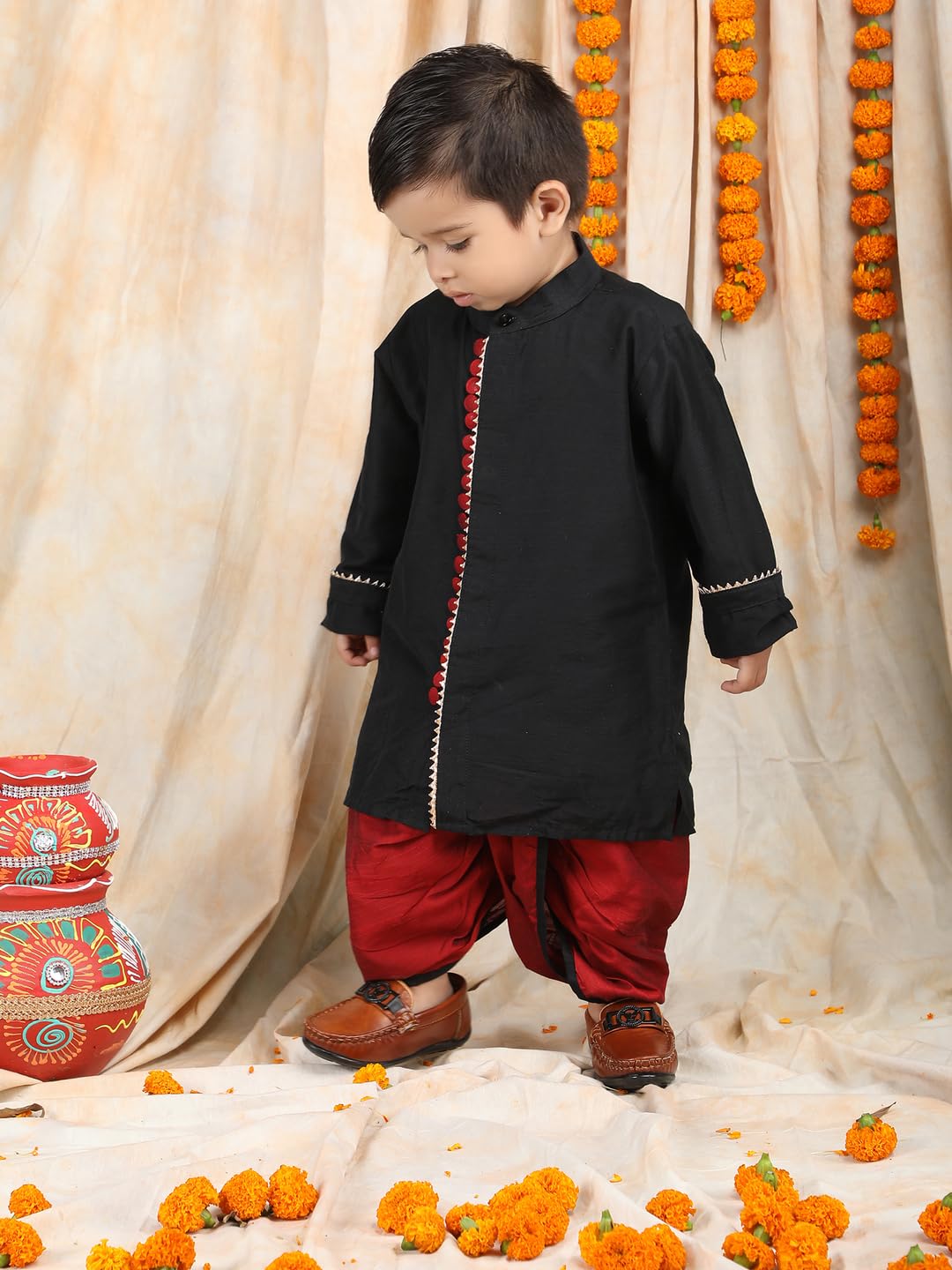 POLKA TOTS Full Sleeve Angrakha Kurta and Dhoti Set - 100% Cotton Traditional Ethnic Wear for Boys Ethnic Print | Baby Boy Kurta Pyjama for Weddings & Festivals (Black & Red, 18-24 M) 2