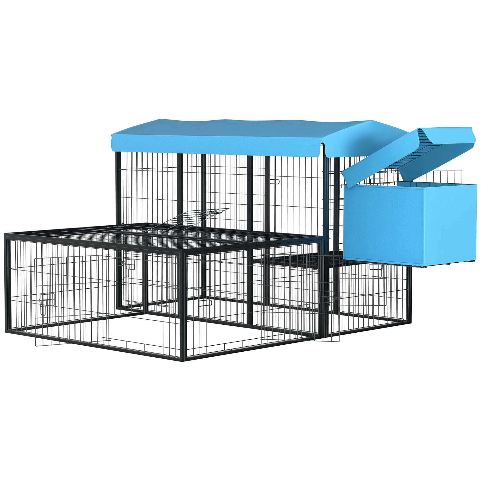 PawHut Pollaio da Giardino Componibile 6-10 Galline Blu 200x165.5x103cm | 2 Gabbie in Acciaio, Gabbia per Galline, Copertura in Poliestere