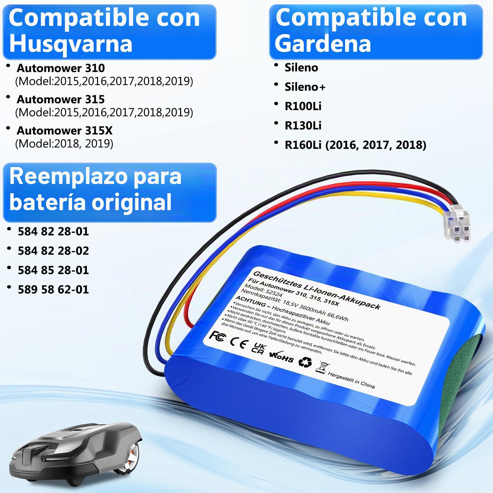 3.6Ah Batería Compatible con Cortacéspedes Husqvarna Automower 310,315,315X | 18.5 V Batería compatible con cortacésped Gardena Sileno R100Li, R130Li, R160Li
