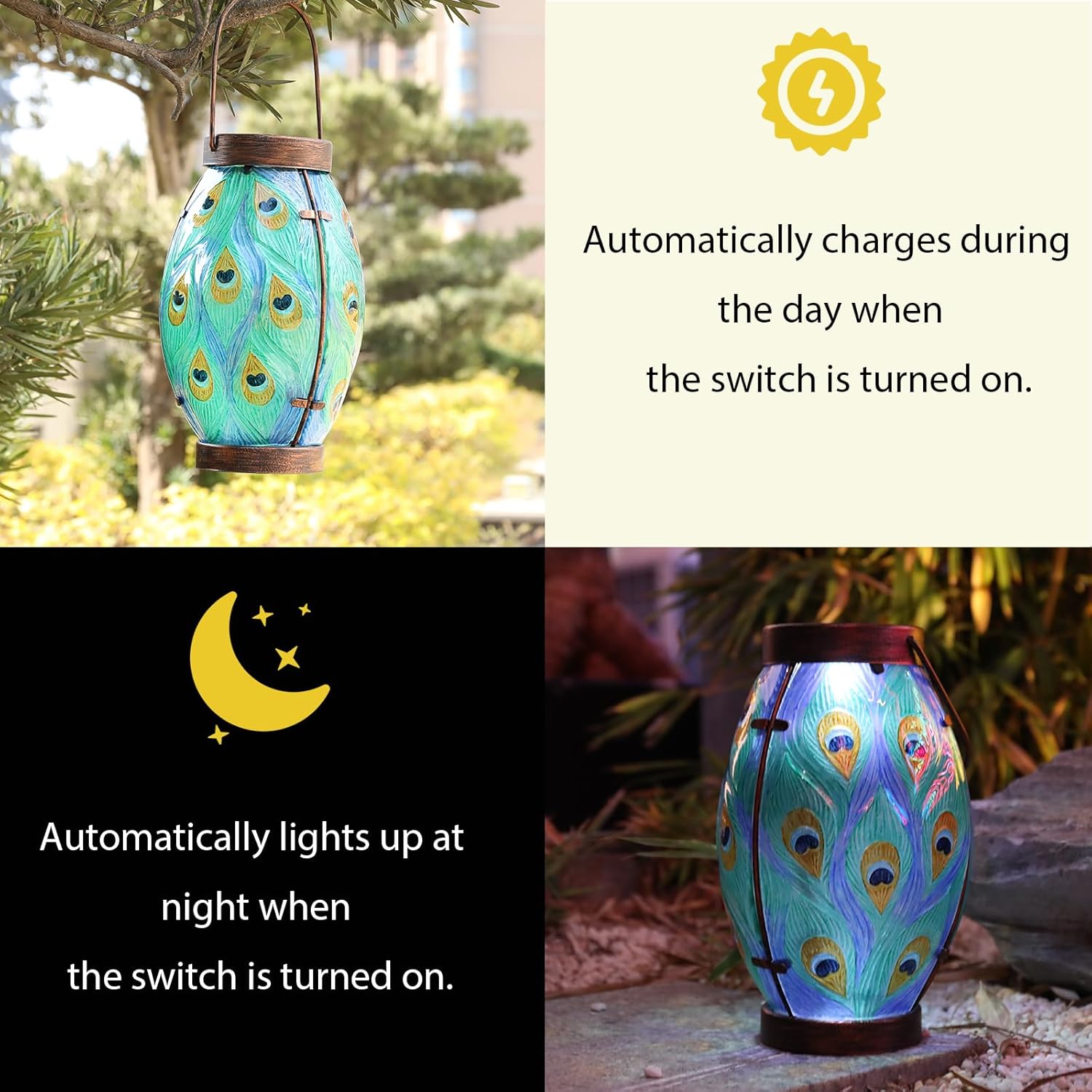 Afirst Hanging Solar Lantern Outdoor Glass Peacock Lights Waterproof Led Solar Lamp for Garden Yard Tree Desk Decor