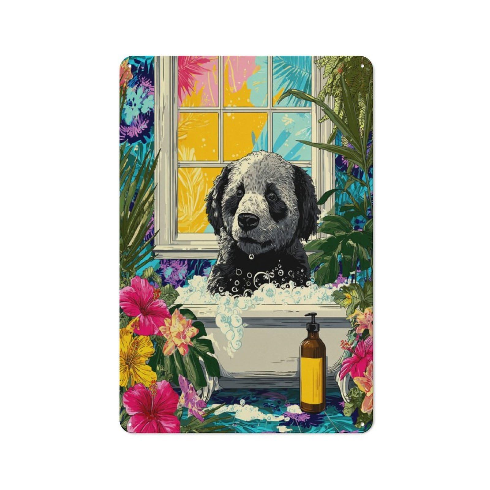 Rustic Tin Wall Sign 30x20cm Featuring Panda-Inspired Pet Bath Time, Bistro Wall Plaque for Restaurant, Kitchen, Counter Or Breakfast Nook