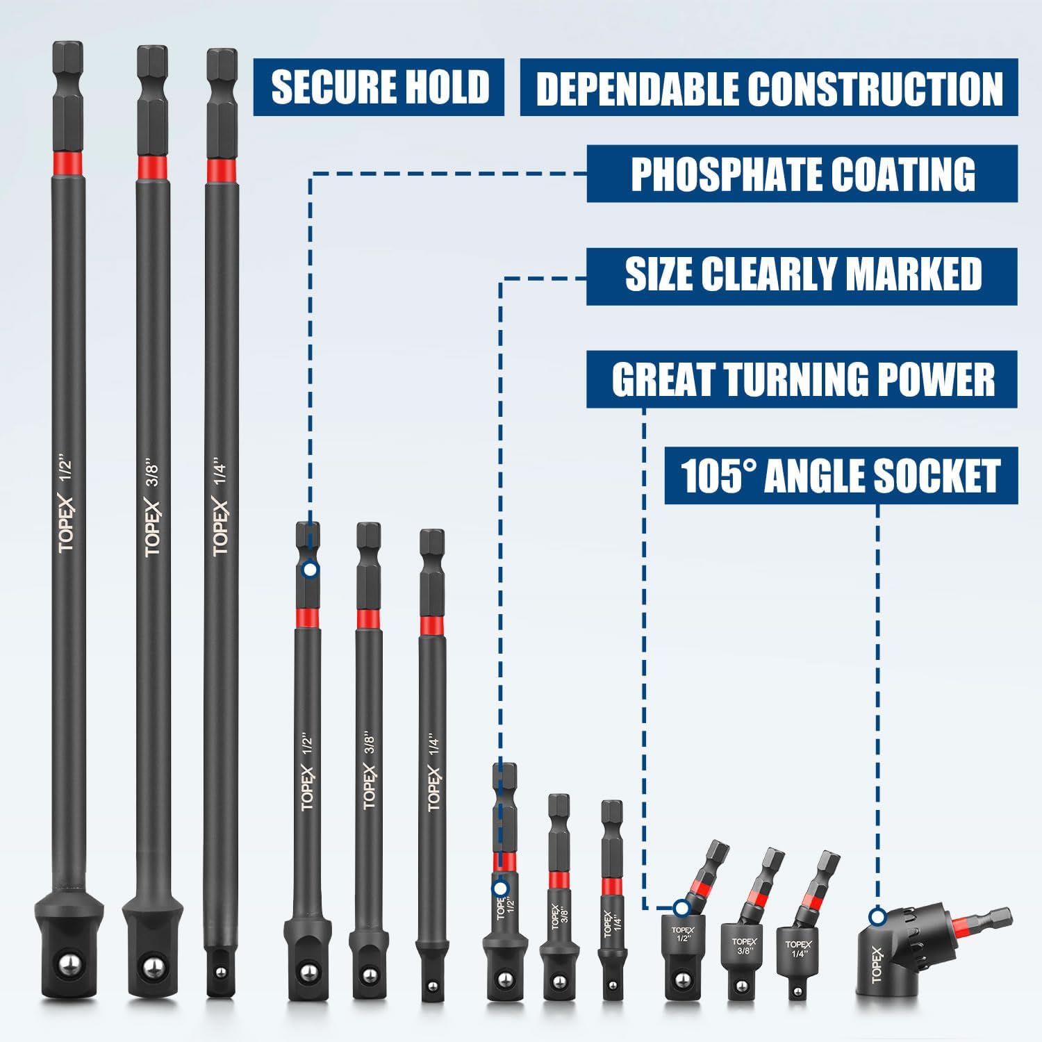 TOPEX 13Pcs Drill Socket Adapter Set, Heavy Duty Impact Grade Socket Extensions, 1/4" Hex Shank Adapter Drill Nut Driver Include 3 Rotatable Impact Socket Adapters & 105° Angle Screwdriver Drill Bit
