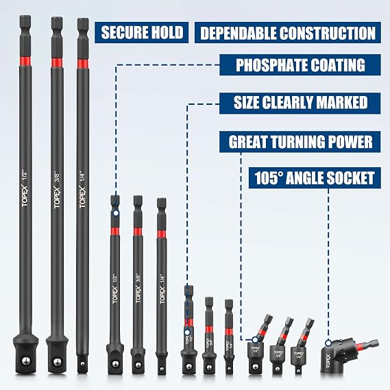 TOPEX 13Pcs Drill Socket Adapter Set, 1/2, 1/4, 3/8 | 1/4 Hex Shank, CRV Impact Grade, Includes 3 Rotatable Adapters, 105 Angle Driver, Spring Ball Lock
