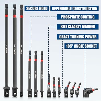 TOPEX 13Pcs Drill Socket Adapter Set, 1/2, 1/4, 3/8 | 1/4 Hex Shank, CRV Impact Grade, Includes 3 Rotatable Adapters, 105 Angle Driver, Spring Ball Lock