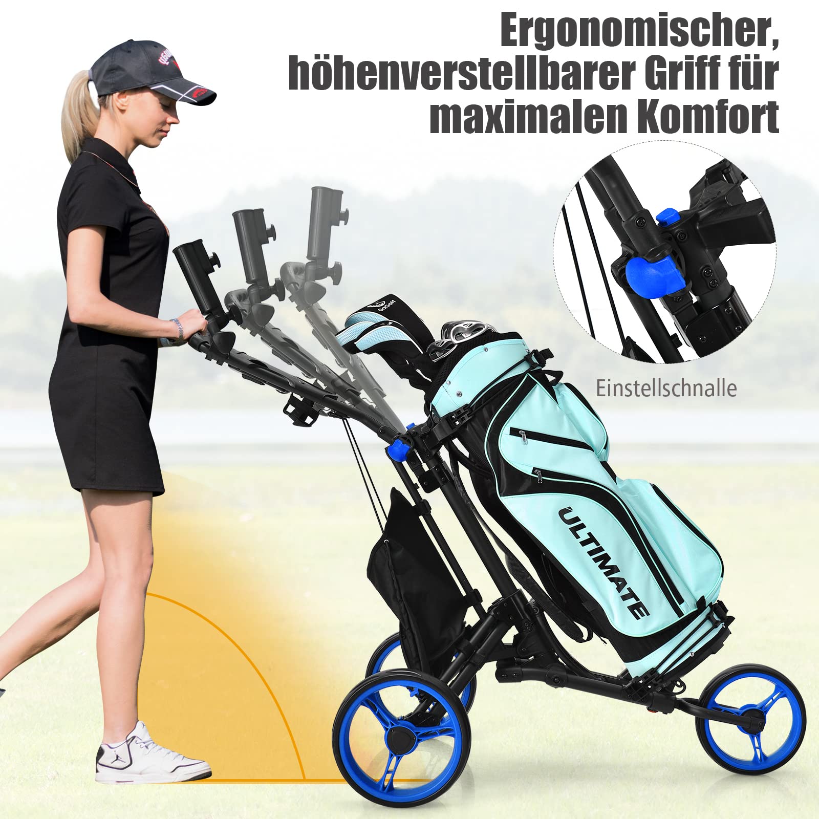 GYMAX 3-Rad Golfwagen, Faltbarer Golftrolley mit Verstellbarem Griff & Schirmhalter & Oberer Taschenhalterung, Golf Push Cart mit Getränkehalter & Anzeigetafel