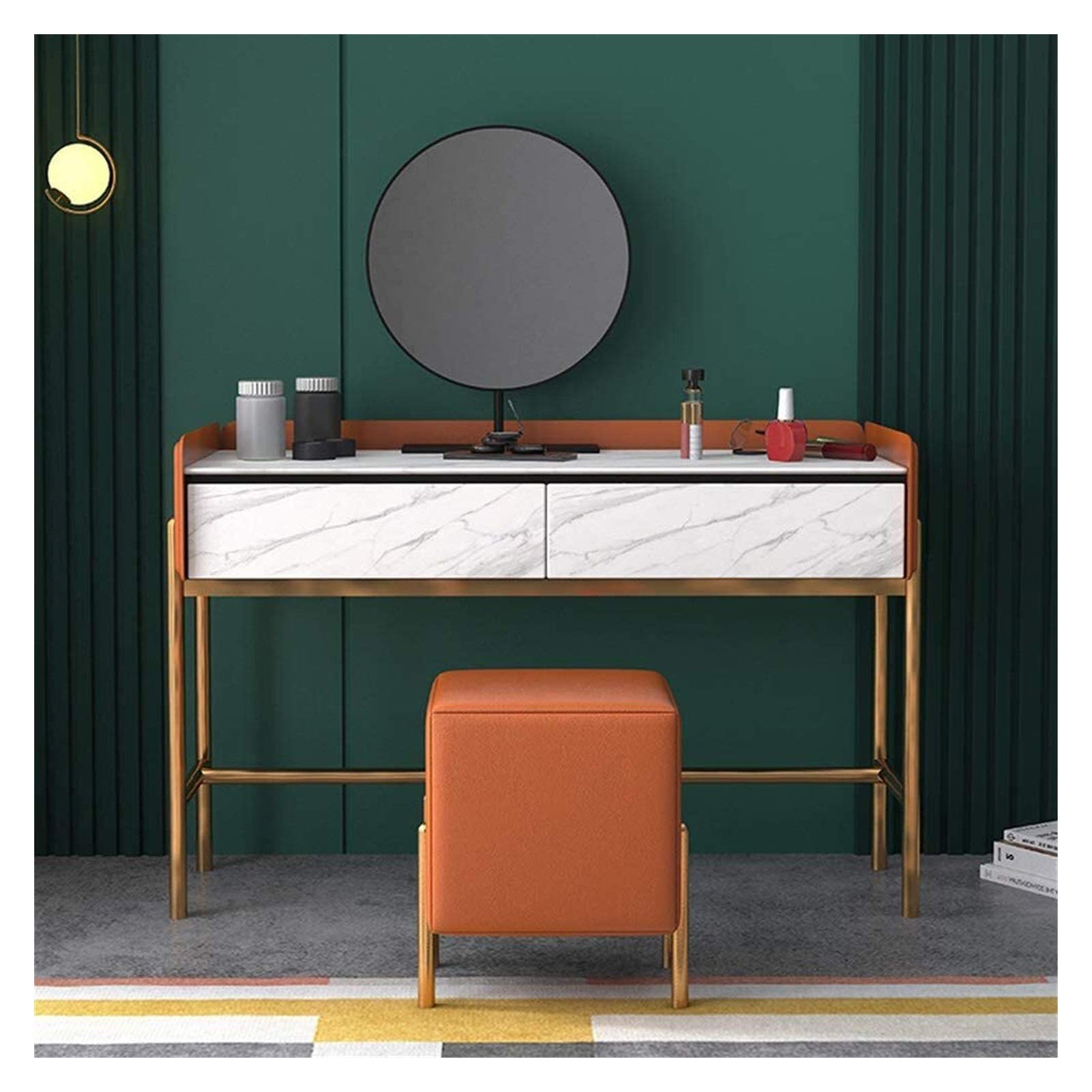 asdchZen White Dressing Table With 2 Large Drawers Makeup Vanity Desk With Round Mirror & Cushioned Stool Stylish Bedroom Furniture