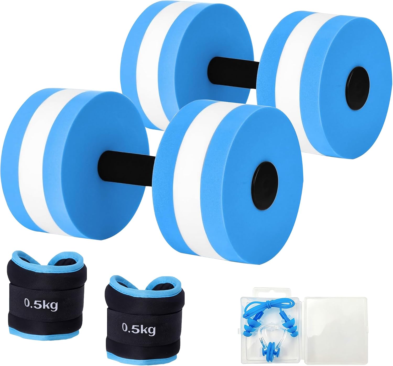 Water Weights, 2pcs Aquatic Dumbbells Set with Adjustable Ankle Weights Nose Clip Earplugs, EVA Foam Pool Dumbbells for Aerobics, Swimming Training, Weight Loss Pool Fitness Gear