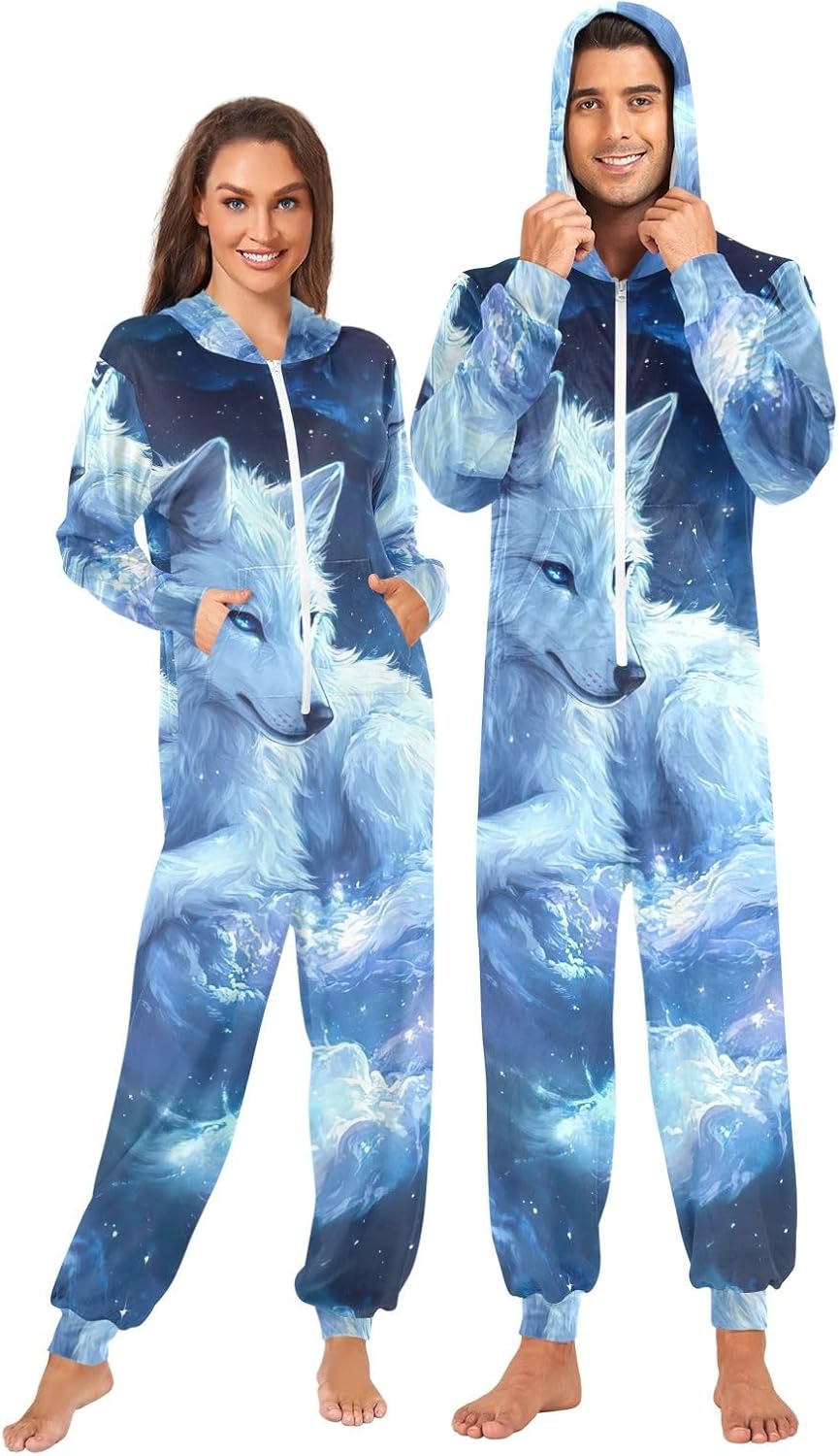 White Wolf Blue Adult Onesie Pajamas Unisex Soft Plush Hooded Jumpsuit for Christmas Loungewear Costume