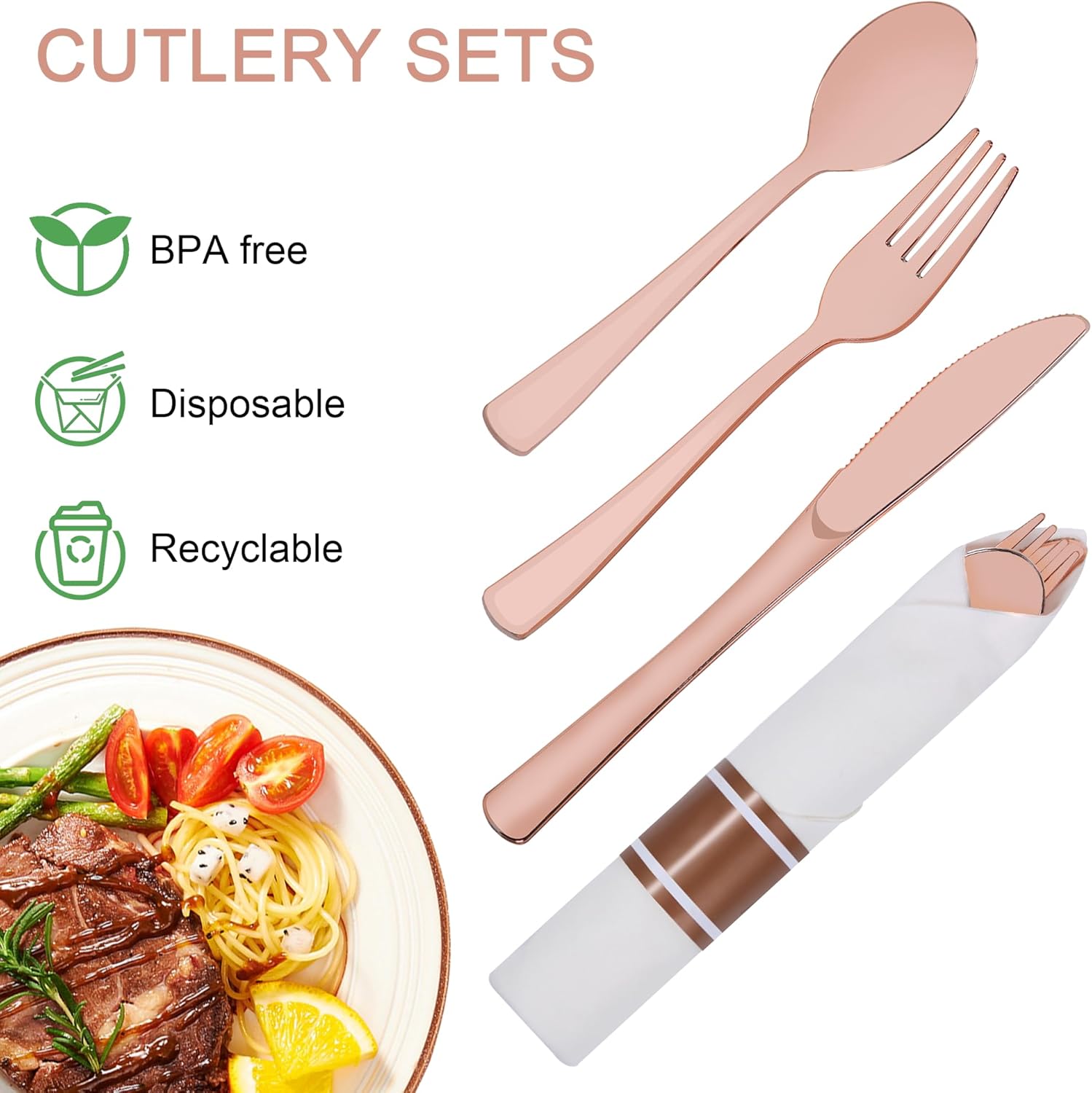 800 PCS Pre Rolled Cutlery Sets, Premium Rose Gold Plastic Flatware Set Wrapped in Napkin, Disposable Cutlery Set with 200 Forks, 200 Knives, 200 Spoons, 200 Napkins for Upscale Wedding, Party, Dinner