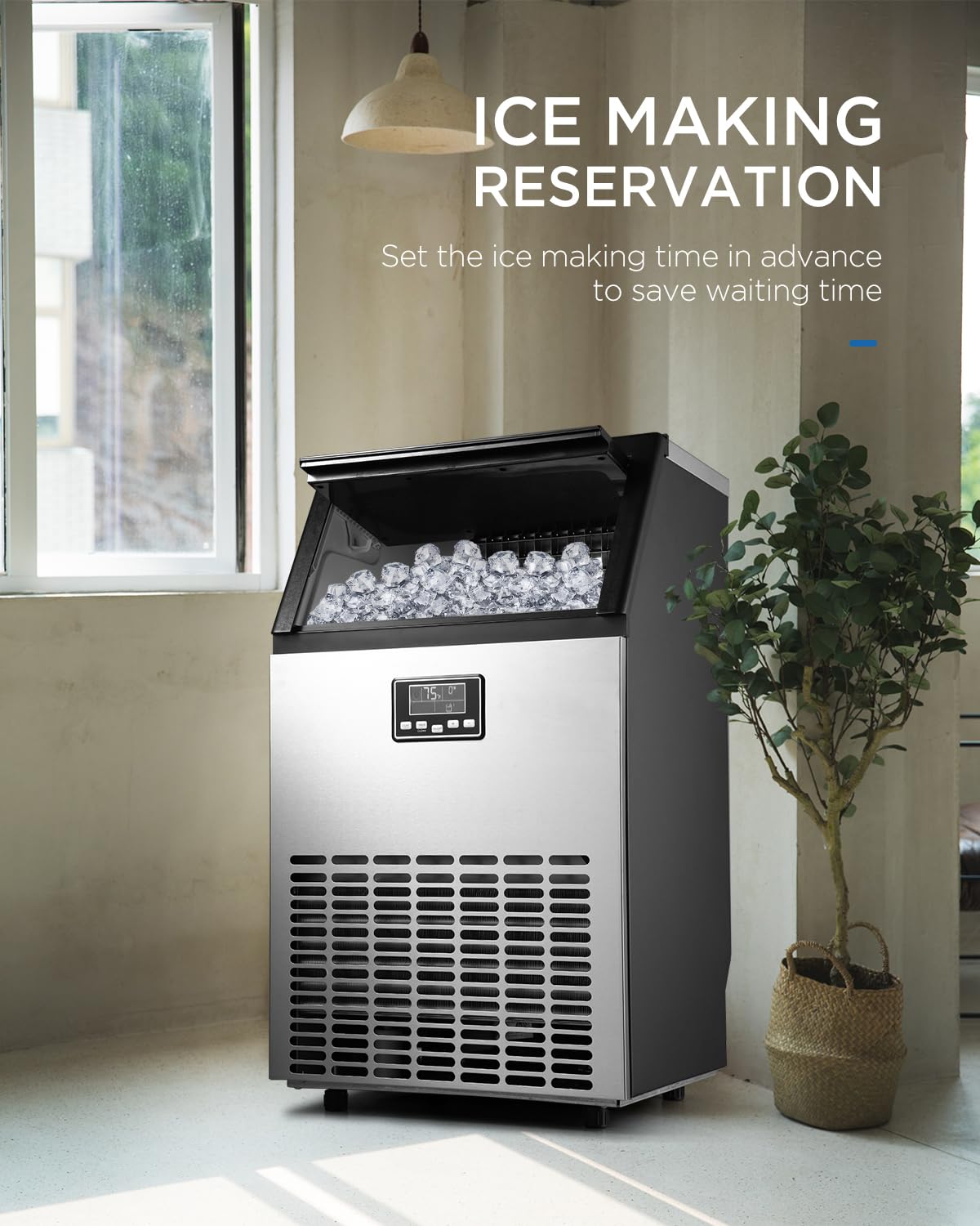 Image showing the ice maker in a room setting with text 'ICE MAKING RESERVATION' and 'Set the ice making time in advance to save waiting time'.