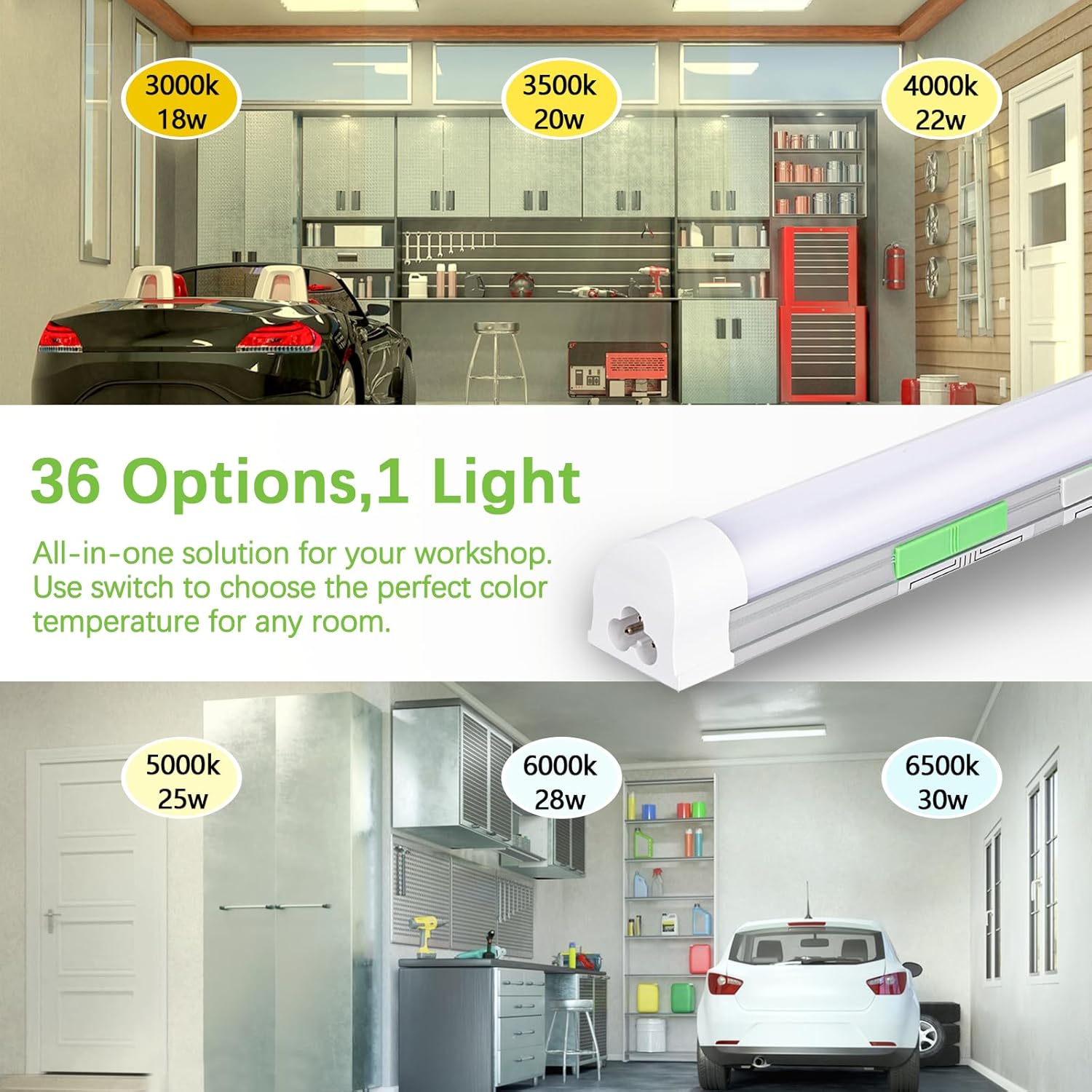 6 Pack 4FT LED Shop Lights for Garage Ceiling,30W 4500LM 3000-6500K Tunable,T8 Tubes Lights,Daylight White,High Output,Plug and Play Shop Lights for Warehouse,Workshop,Basement