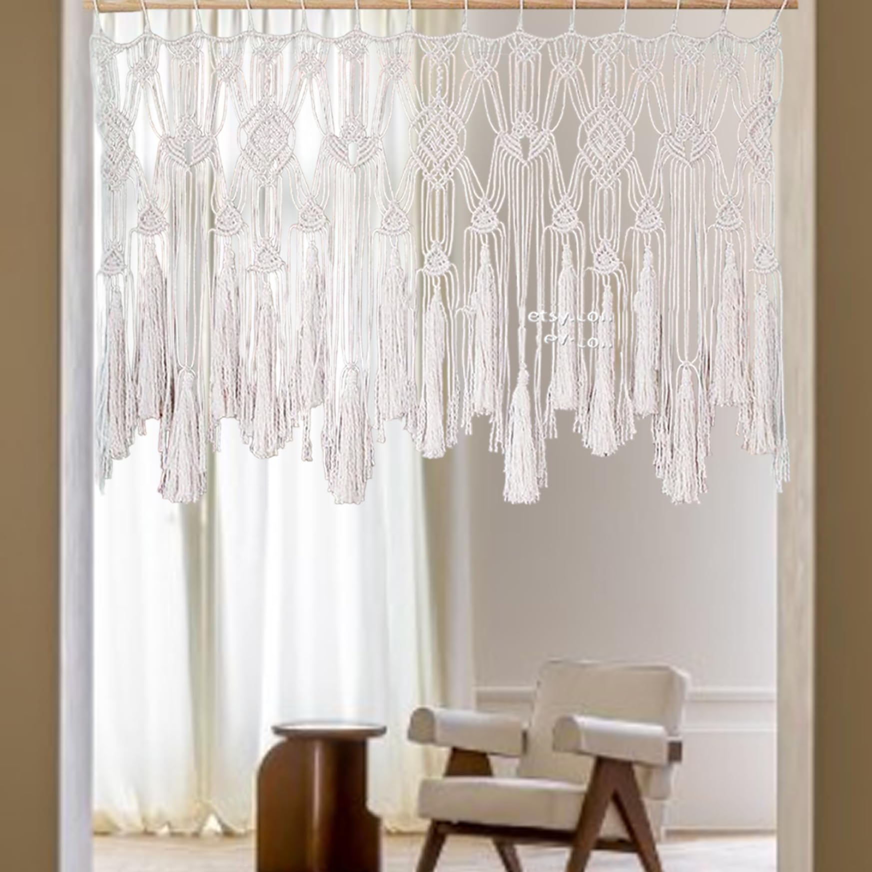 Cortinas de macramé para Ventanas, Cenefa de macramé Tejida con Cuerda de algodón, Cenefa Bohemia Corta para Colgar en la Pared para Puerta de balcón de Cocina, Dormitorio, 47x22 Pulgadas-
