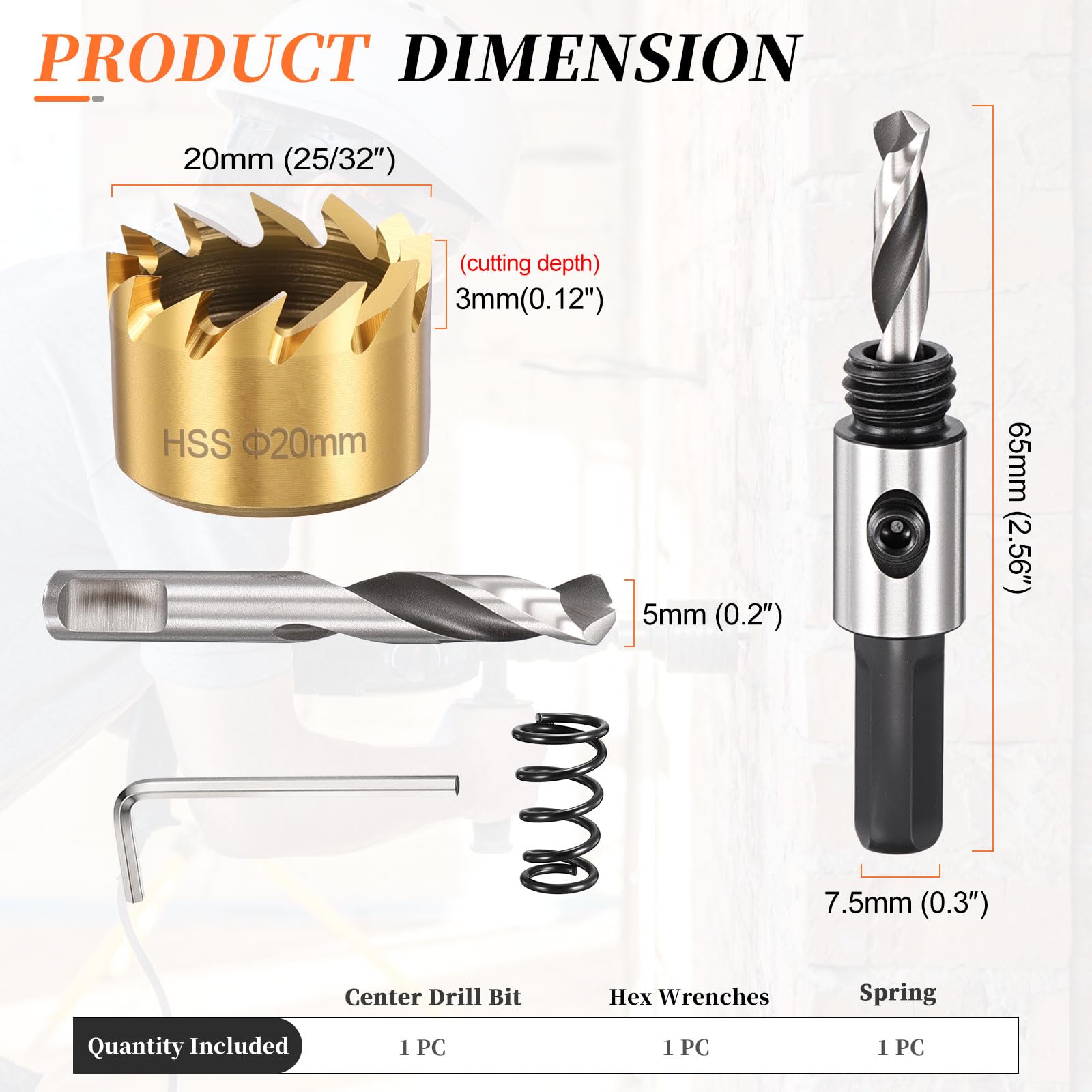 METALLIXITY Hole Saw 20mm (25/32"), 4341 High Speed Steel Hole Cutter with Center Drill Bit, Hex Key and Spring - Image 2