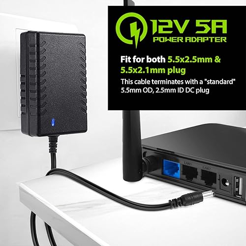 Miniatura 5 de Facmogu Adaptador de fuente de alimentación de 12 V 5 A, adaptador de pared con cable de 59.1 in4.92 pies de largo, transformadores de enchufe de