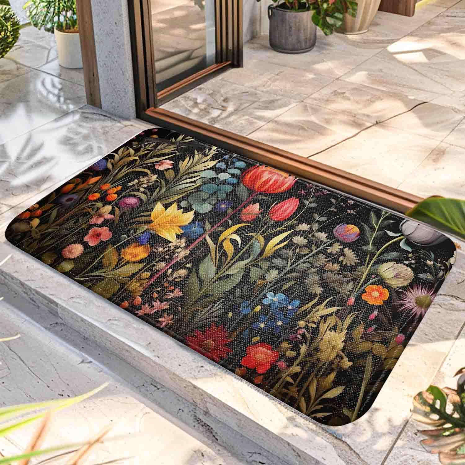 Floral Floor Mat,Bath Mat Rug,Aesthetic,Botanical,and Cute Large Door mat,Bathroom Rugs,Extra Soft and Absorbent Fluffy Striped Chenille Bath Mat Rug,Non Slip Bathroom Floor Mat,Machine Washable