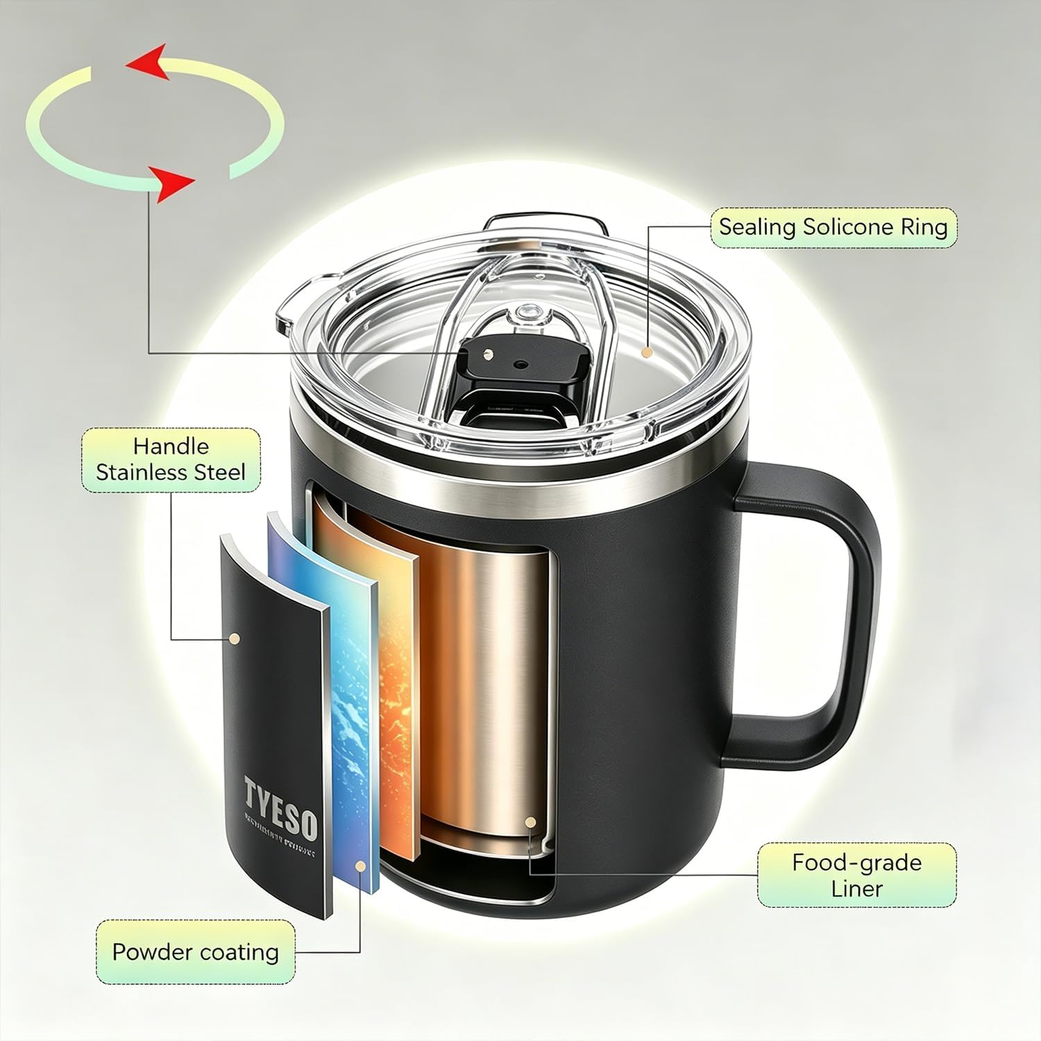TYESO 14 oz Vacuum Insulated Mug Cup Stainless Steel Mug Coffee Mug with Lid Heat Insulation Cooling Direct Drip (Black)