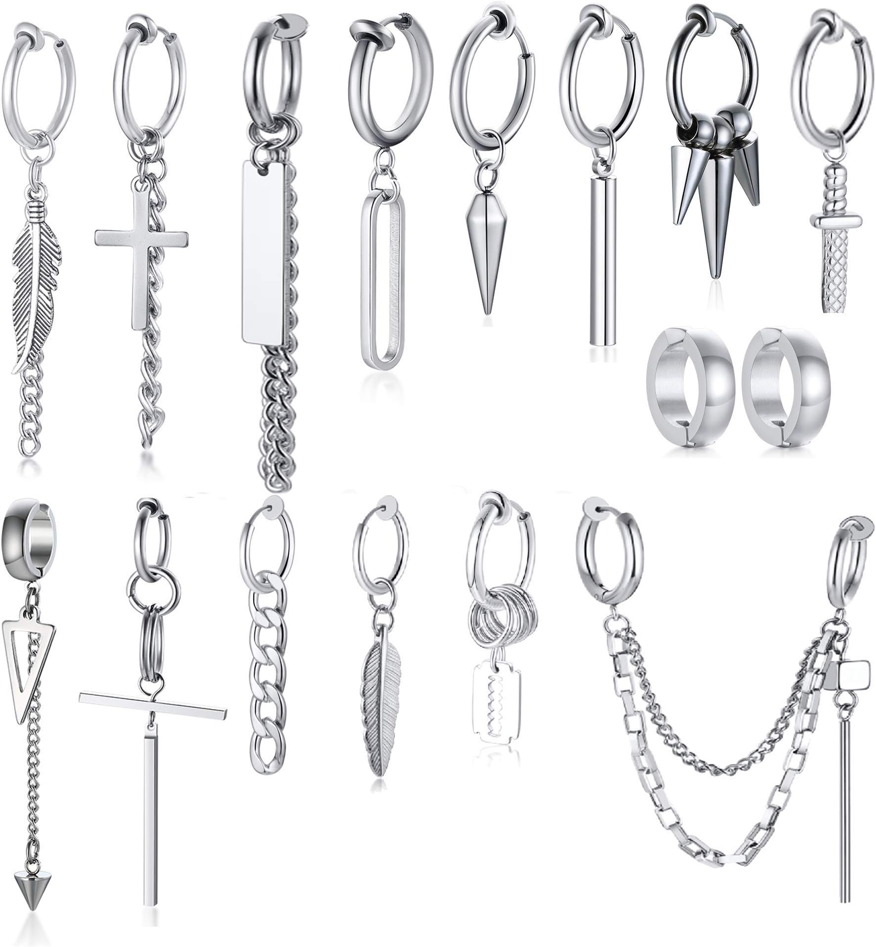 Vnox16 Pieces Hoop Dangle Clip On Earrings/Non Piercing Stainless Steel Hinged Earrings Long Chain Dangle Earrings for Men Women, Stainless Steel, lava-rock