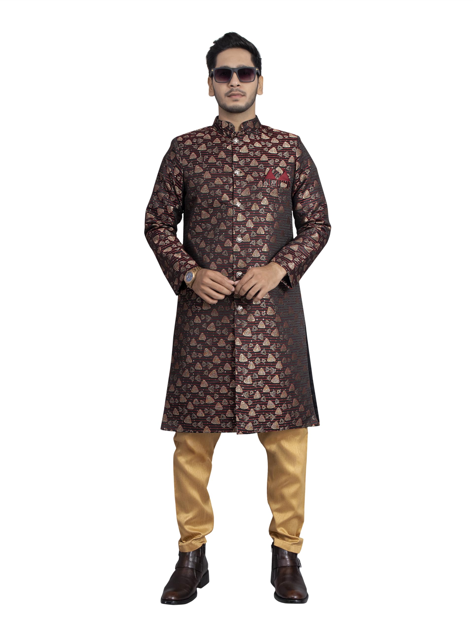 amzira Men's Heavy Jecquard Sherwani Set with Mandarin Collar Long Sleeves Jacket and Cotton Mandarin Collar Button Closure Kurta and Solid Cotton Pyjama-picture-28