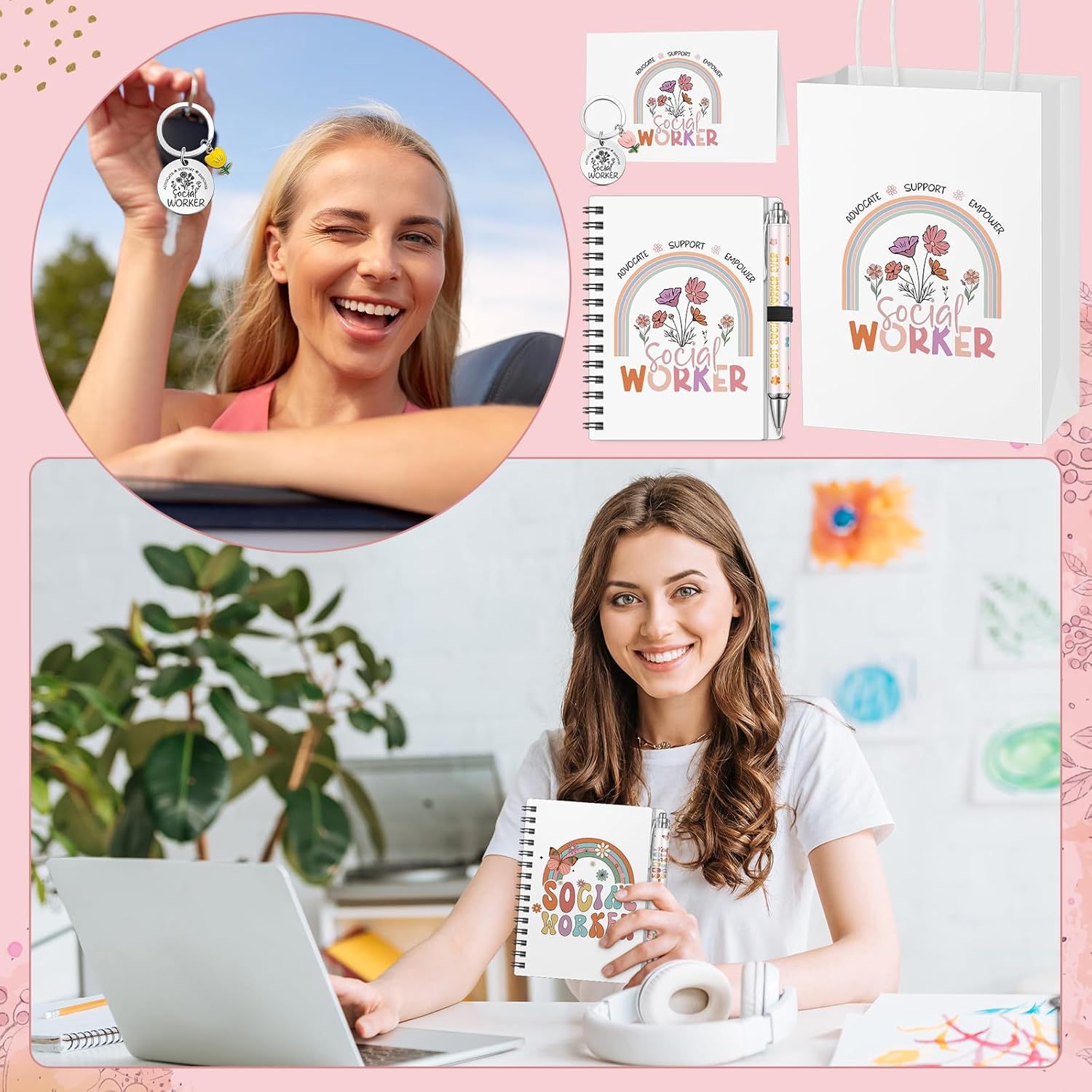 12 Sets Social Worker Month Appreciation Gifts Bulk Spiral Notebook Ballpoint Pens Keychains Folding Cards and Gift Bags Thank You Gifts for Staff Teachers Nurses Coworker Office Volunteers