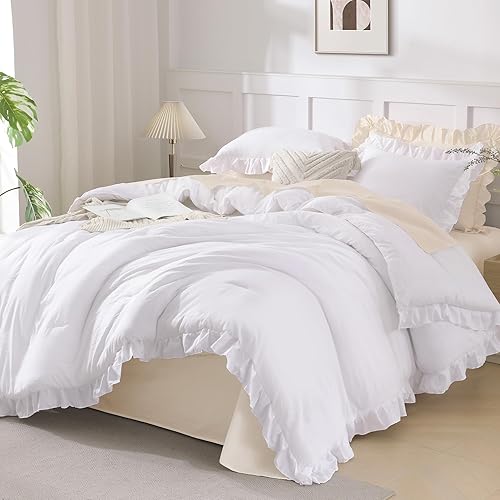 Andency White Comforter Queen Size, 3 Pieces Ruffle Shabby Chic Farmhouse Queen Comforter Sets, All Season Lightweight Fluffy Room Decor Bed Set for Girls Women Teens Gift Choice
