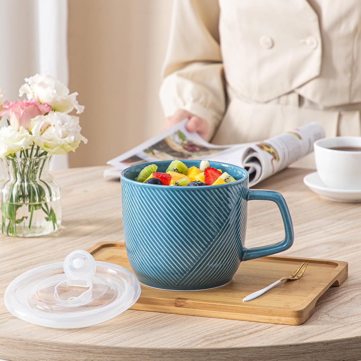 Ceramic Soup Bowl with Lid & Handle: 32 oz Microwave Safe Food Container for Ramen Noodles Cereal Leftovers - Extra Large Mugs for Breakfast Lunch Picnic Camping - Sky Blue, Set of 2