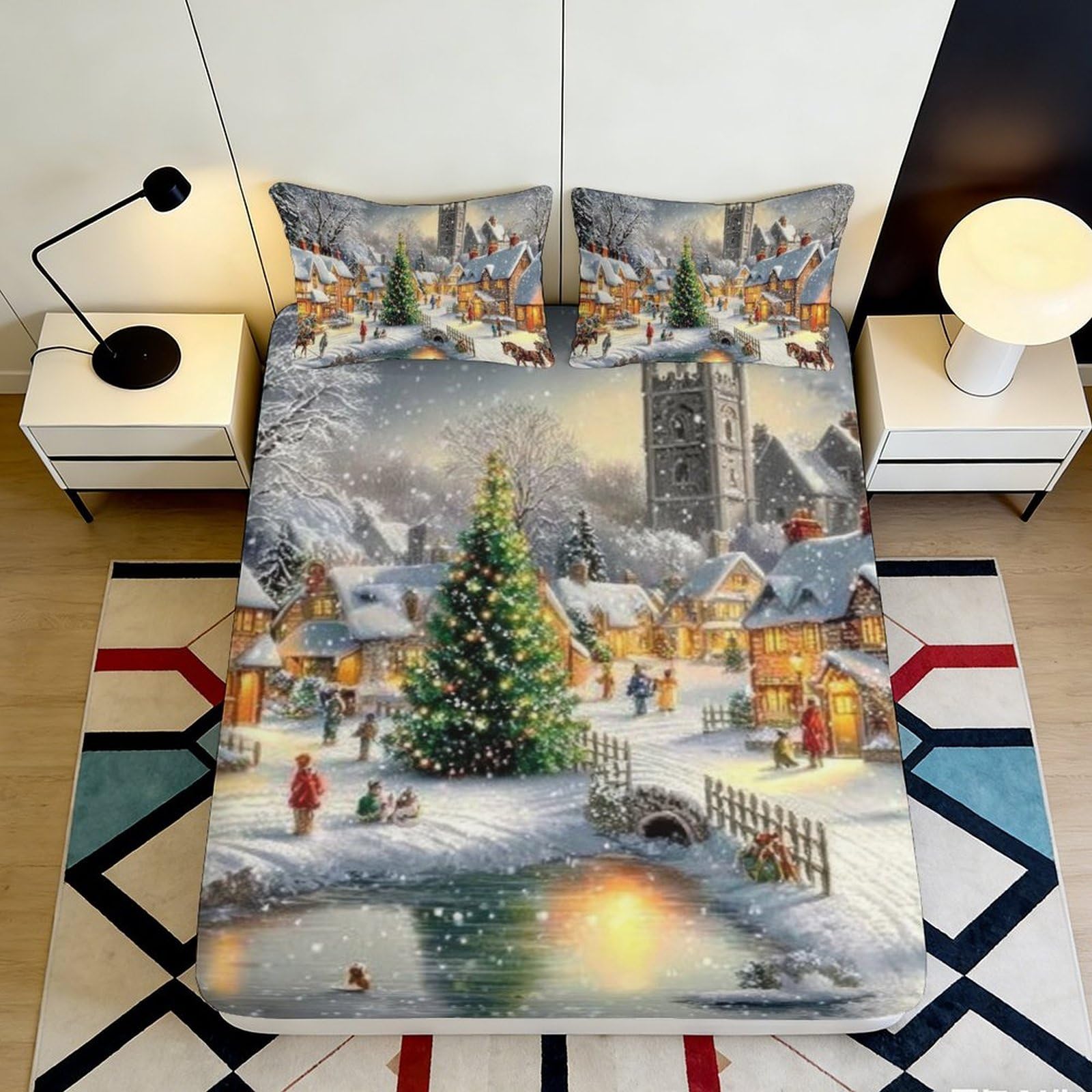 3D Printed Winter Christmas Village Fitted Sheet Microfiber Soft Snow Night Mattress Cover for Bedroom Guest Room Decor 120 200x200x25cm