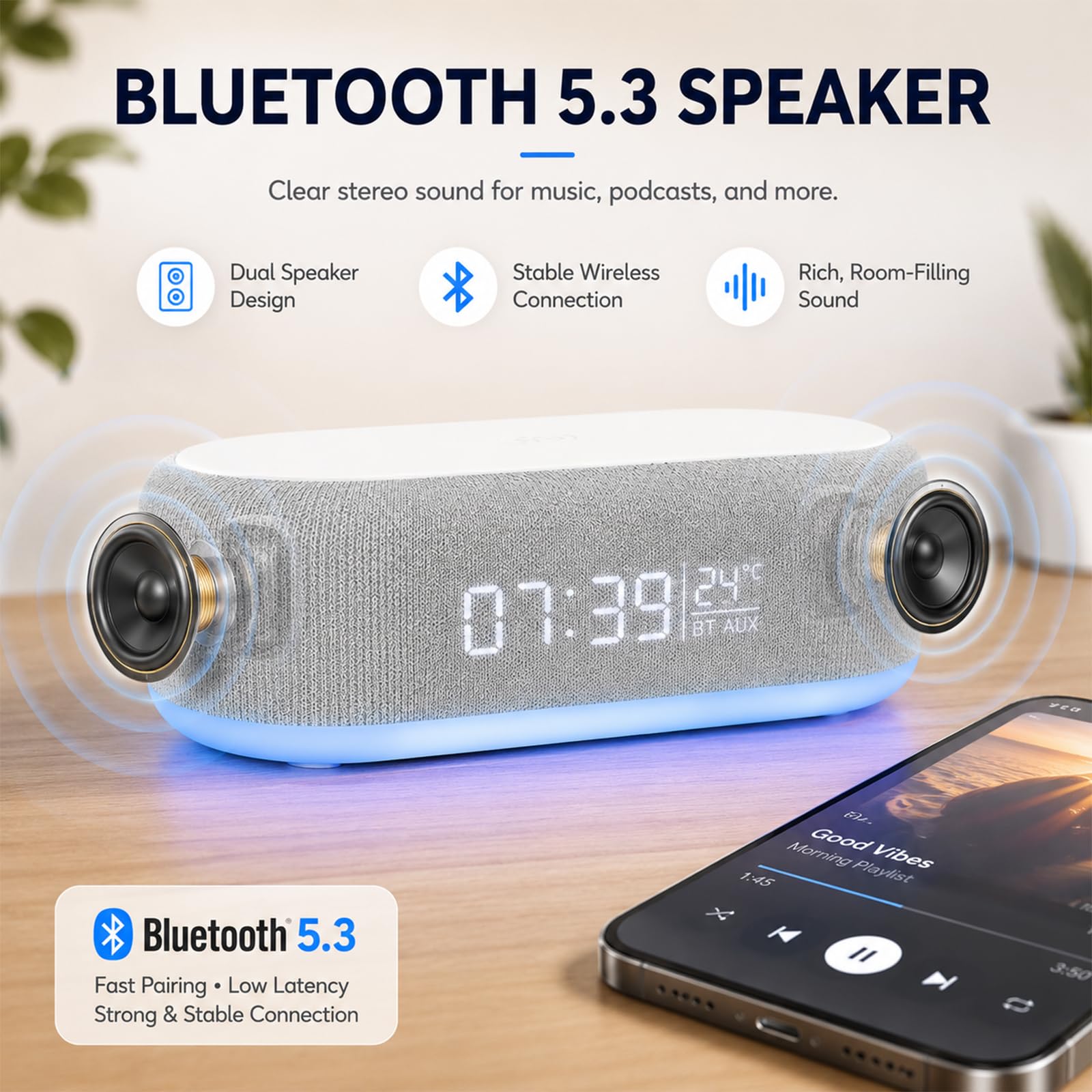 BYZESTY Radio despertador Bluetooth con carga inalámbrica 15 W, despertador de radio digital, despertador de audio Bluetooth digital 6 en 1 con luz nocturna y reloj, cargador USB para mesita de noche