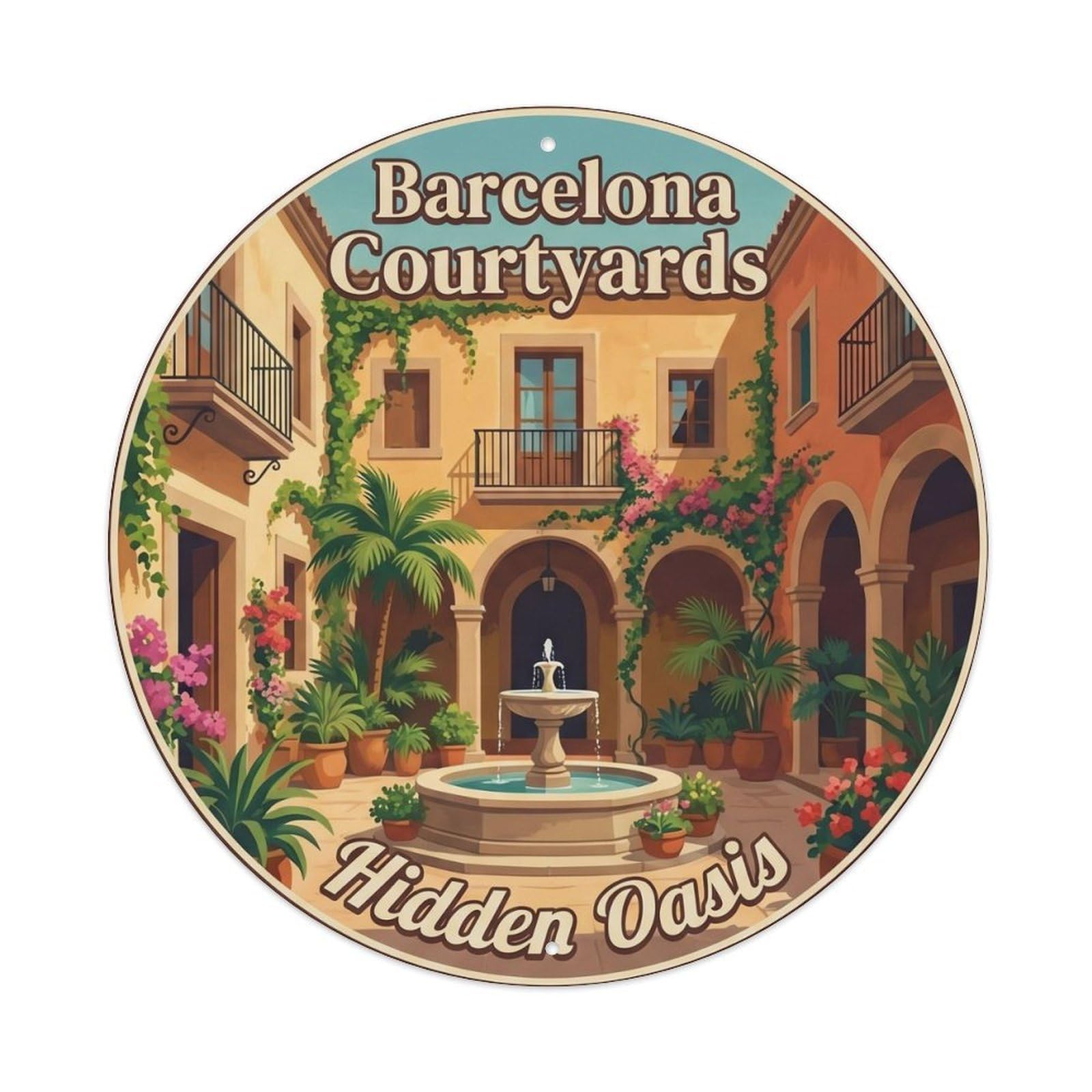 Vintage Travel Barcelona Courtyard Catalan Peaceful Metal Tin Sign Plaque Wall Decor for Cafe, Club, Garden Round Metal Poster 8x8Inch