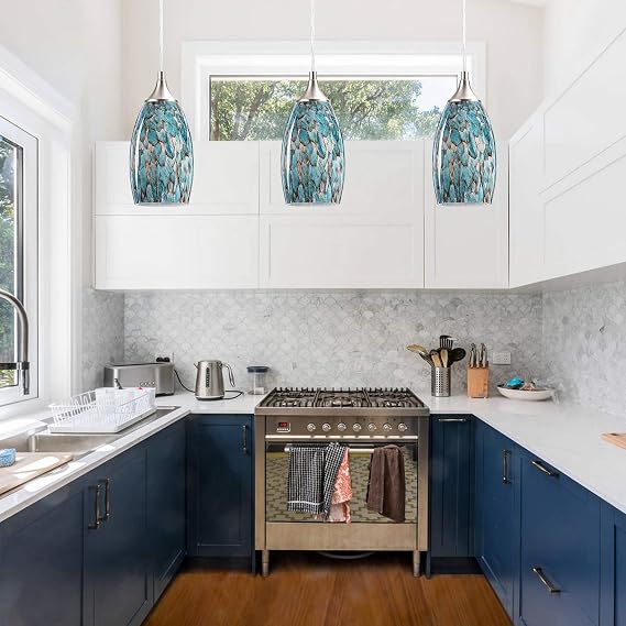 COOSA 1-Light Pendant Light, Handcrafted Art Glass Hanging Light with Brushed Nickel Finished Adjustable Cord for Kitchen Island (Blue)