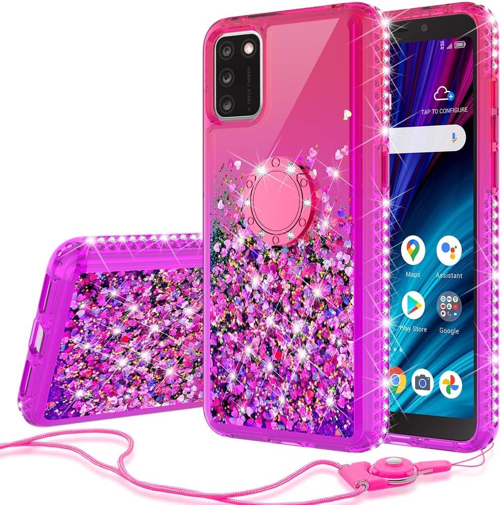 Liquid Glitter Cute Phone Case Kickstand Compatible for Alcatel TCL A3X A600DL Case Clear Bling Diamond Bumper Ring Stand Girls Women - Hot Pink/Purple