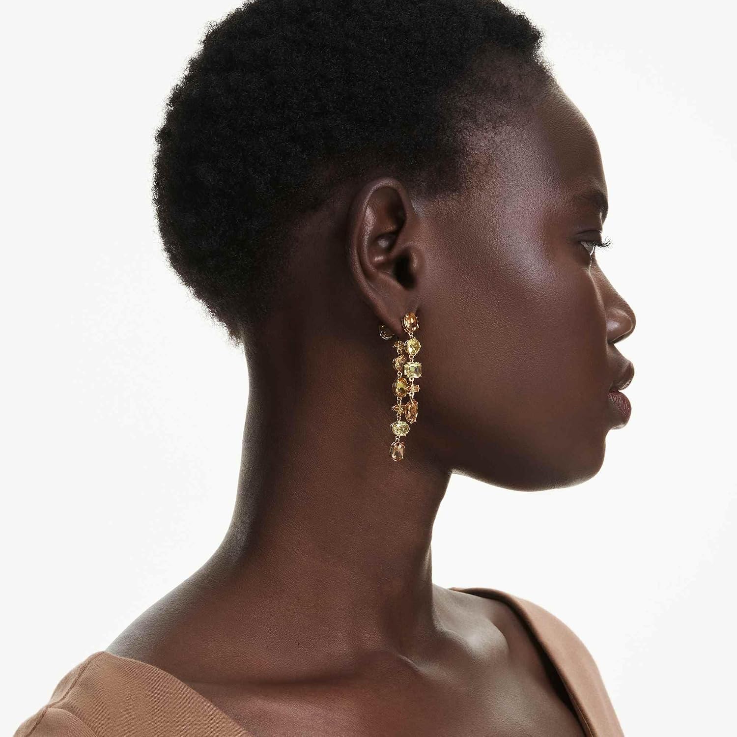 Swarovski Gema drop earrings, Asymmetrical design, Mixed cuts, Long, Yellow, Gold-tone Finish