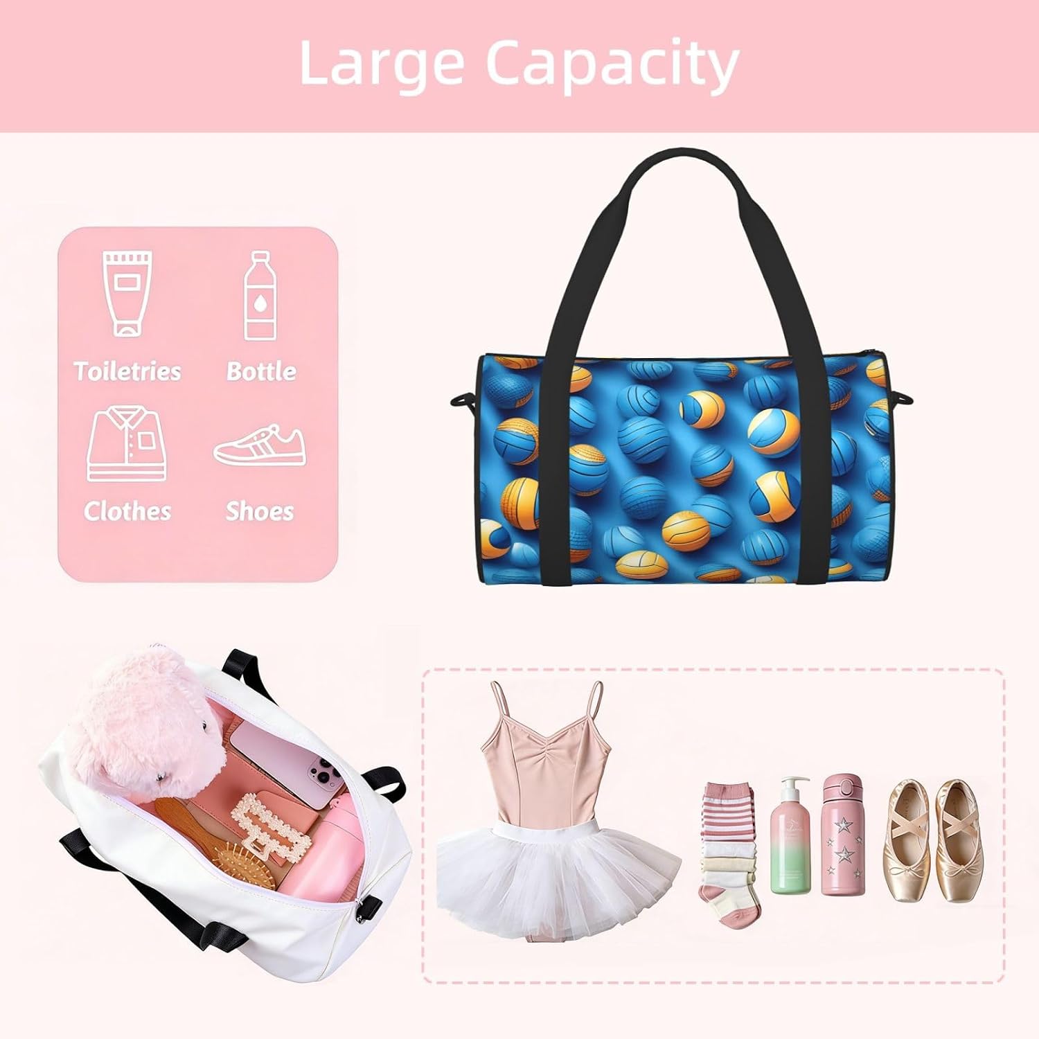 Blue Volleyball Print Sports Tote Bag Lightweight Water-Resistant Gym Backpack Travel Supplies