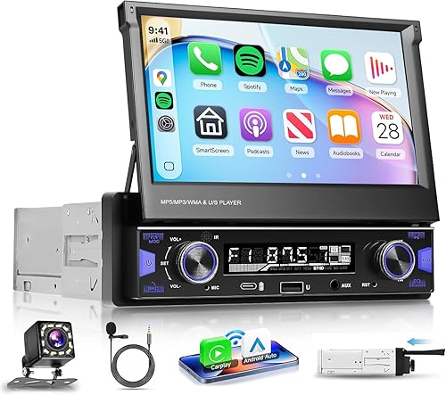 Estéreo de Coche DIN Simple Abatible de 7 Pulgadas con CarPlay Inalámbrico y Android Auto - Pantalla Táctil IPS, Bluetooth 5.0, Cámara de Respaldo,
