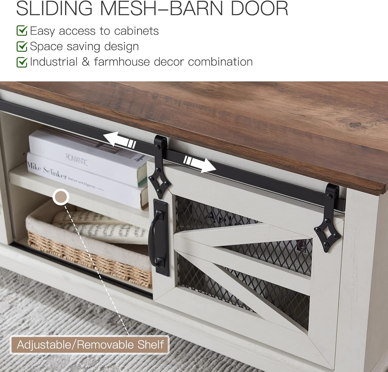 OKD 48'' Coffee Table with Storage & Sliding Barn Doors, Farmhouse & Industrial Cocktail Table w/Adjustable Shelves, Modern Rectangular Rustic Living Room Table for Living Meeting Room, Antique White : Home & Kitchen