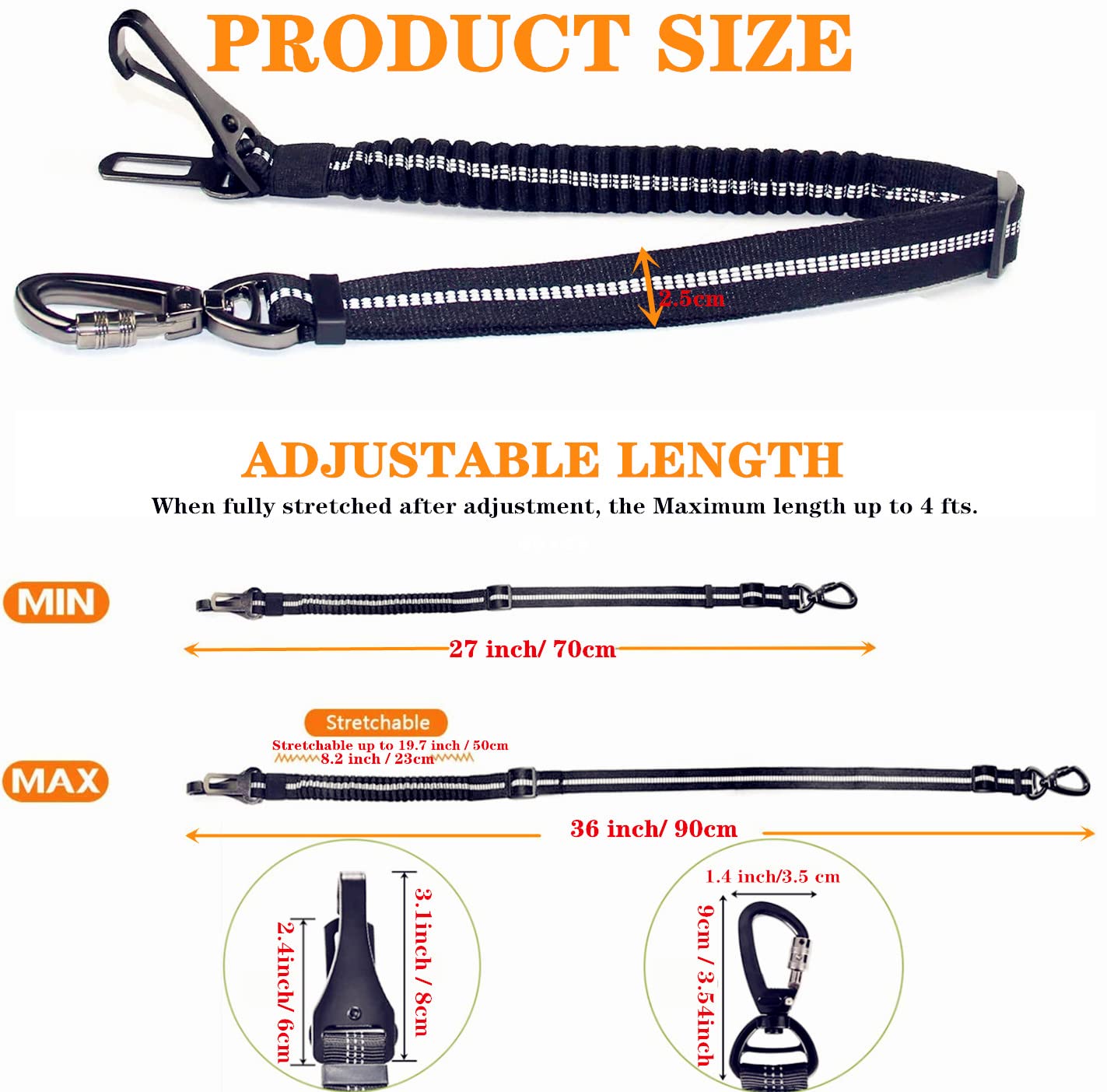 Dog Seat Belt,Adjustable Dog Seatbelt for Car,3 in 1 Dog Safety Belt Leash,Reflective Bungee Dog Car Seatbelt with Hook& Buckle, Dog Car Seat Belt with Aviation Zinc Alloy Rotatable Carabiner - image 4