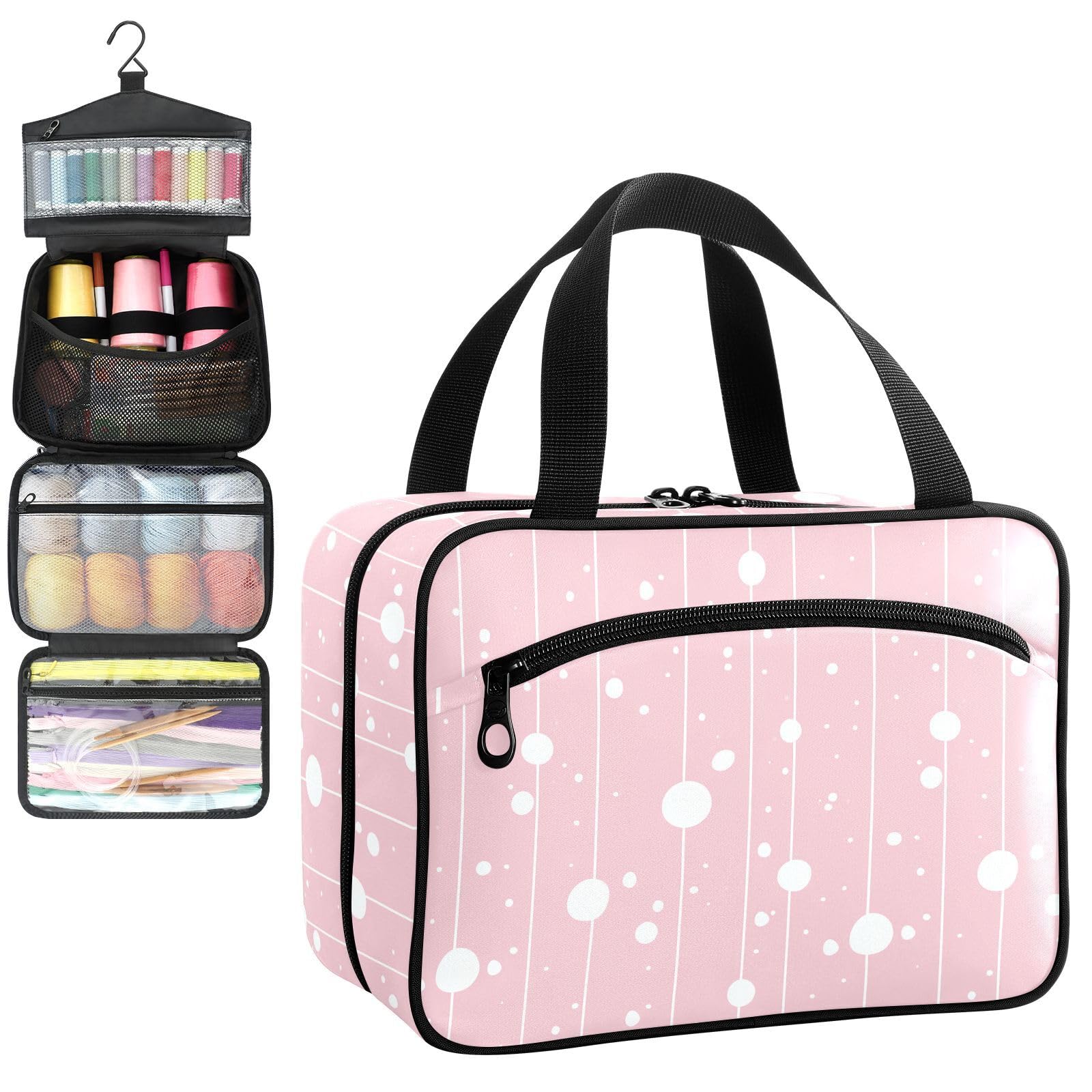 YNNALE Sewing Supply Organizer Bag, Light Pink Background with Cute Polka Dot Portable Sewing Bags with Pockets&Hanger, Sewing Storage Box Case for Sew Supplies/Kit/Tools/Accessories (BAG ONLY)