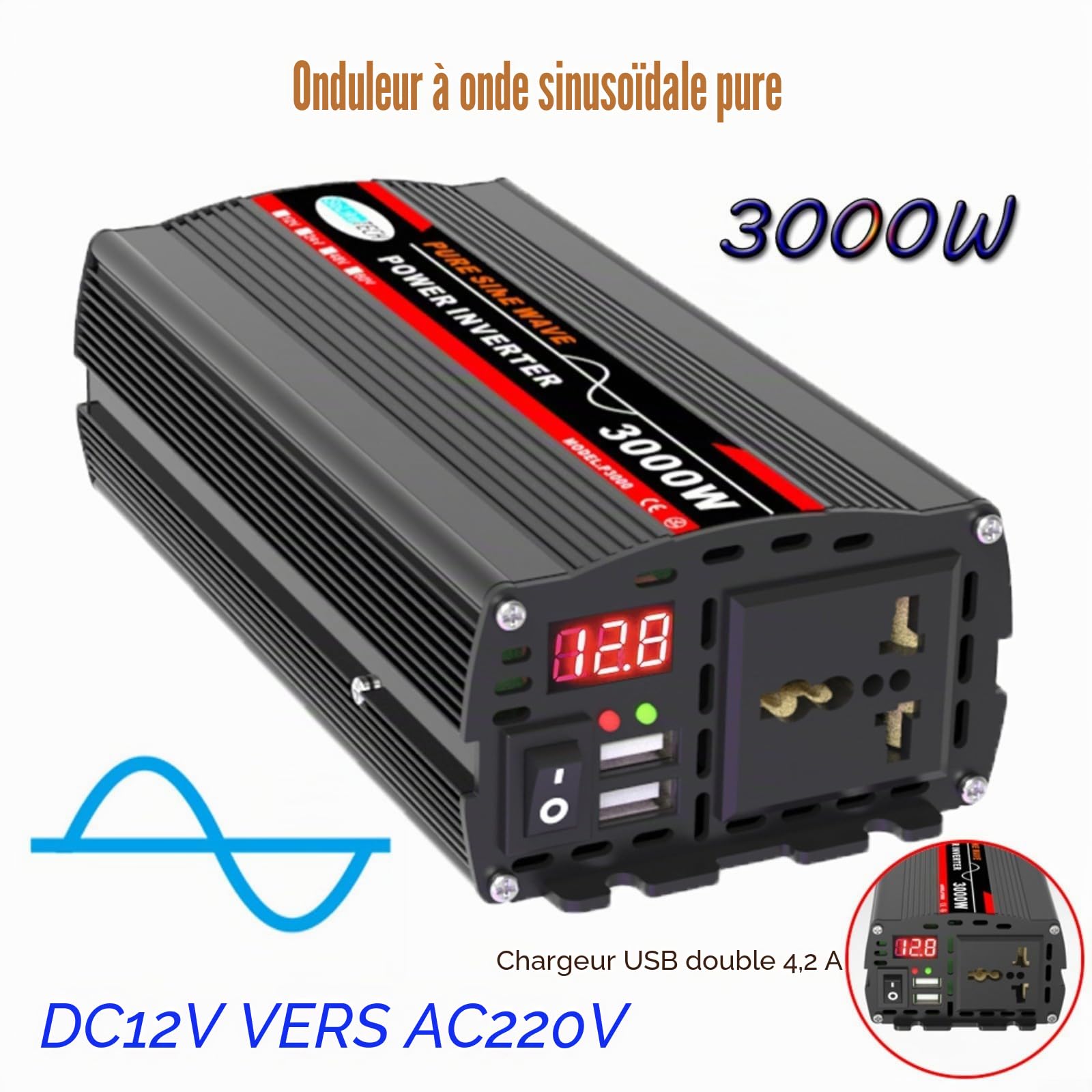 Onduleur sinusoïdal pur 3000 W, écran LCD, convertisseur de voiture, pour panneaux solaires, appareils ménagers (12 V à 220 V)
