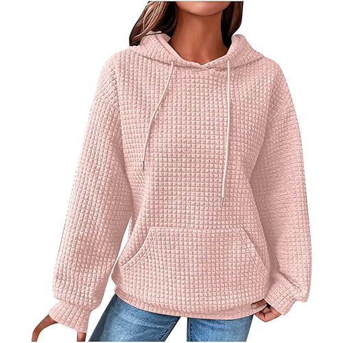 Waffle Knit Hoodies for Women Fashion Pullover Hooded 2024 Workout Shirts Woman Sweatshirt Vintage Blouse Clothes Tops Teen Girls Pullover Winter Warm Tops Trendy Spring Hoodie Pink 3XL