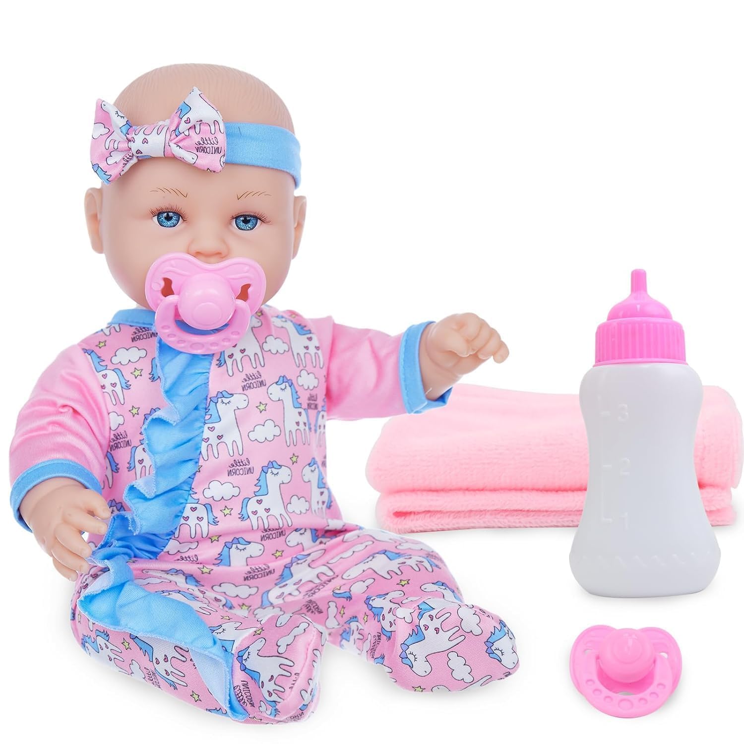 Realistic Baby Doll with Bottle & Pacifier – Soft Body Infant Doll Toy with Headband, Feeding Accessories & Blanket, Pretend Play Gift for Girls
