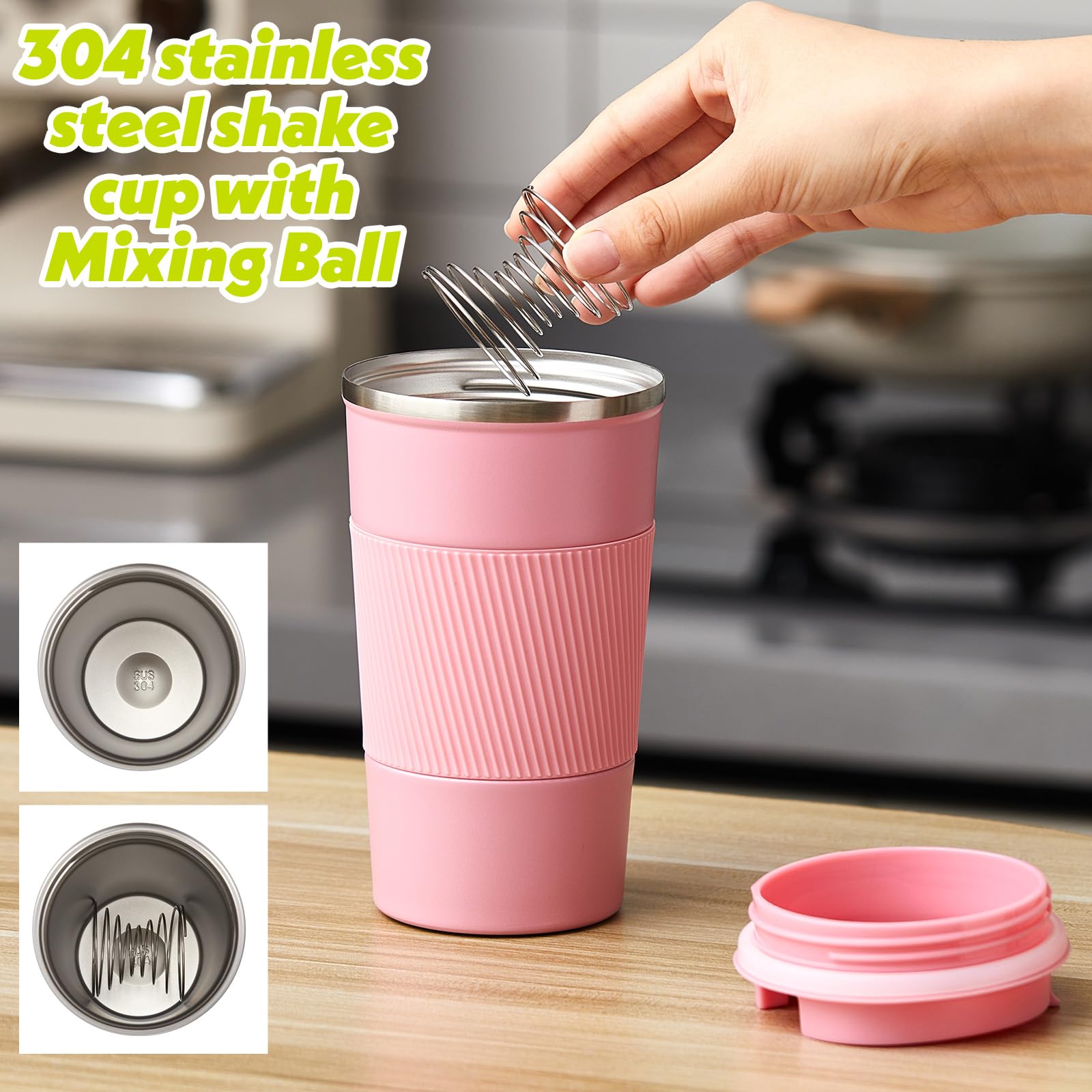 Maxdot Lot de 2 gobelets shaker en acier inoxydable avec boule de mélange isotherme en métal de 500 ml pour mélanges protéinés, salle de sport, entraînement (rose)