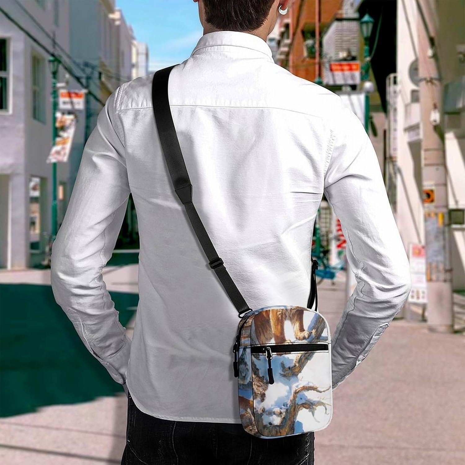 Mountains Snowy Lions Branches Small Crossbody Bag Sling Shoulder Satchel | for women men,work travel workout,detachable and adjustable shoulder strap