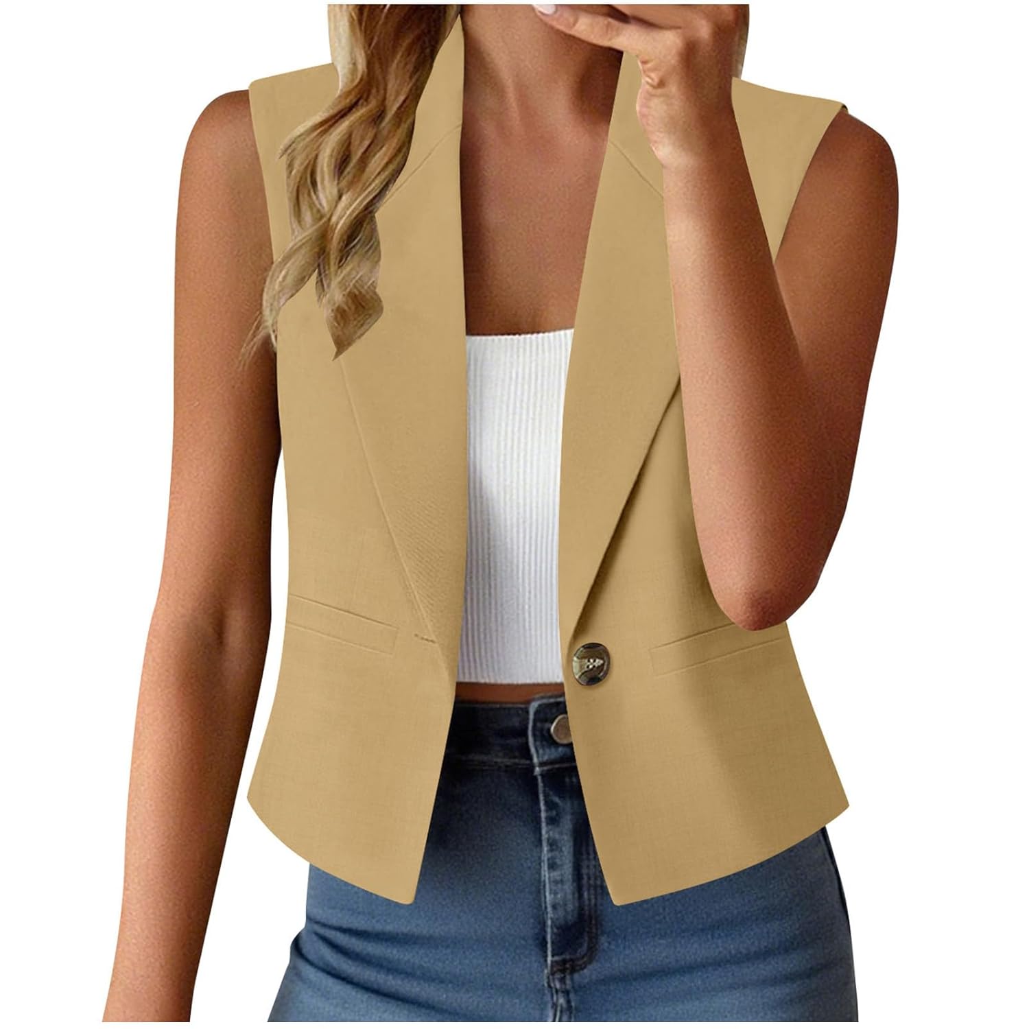 HGps8w Womens Cropped One Button Blazer Vest Casual Lightweight Loose Open Front Sleeveless Waistcoat Tank Tops