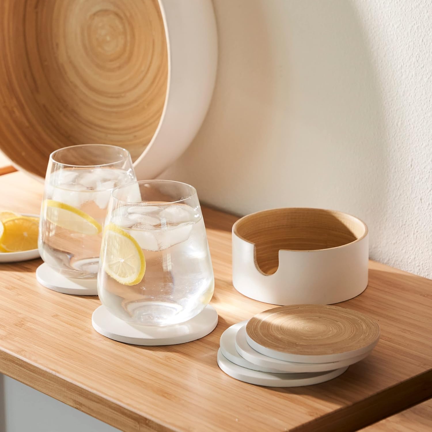 HABITAS Spun Bamboo Coaster Set - 6 White Round Coasters with Holder for Coffee Table - Modern, Sustainable, Handmade Bamboo Drink Coasters