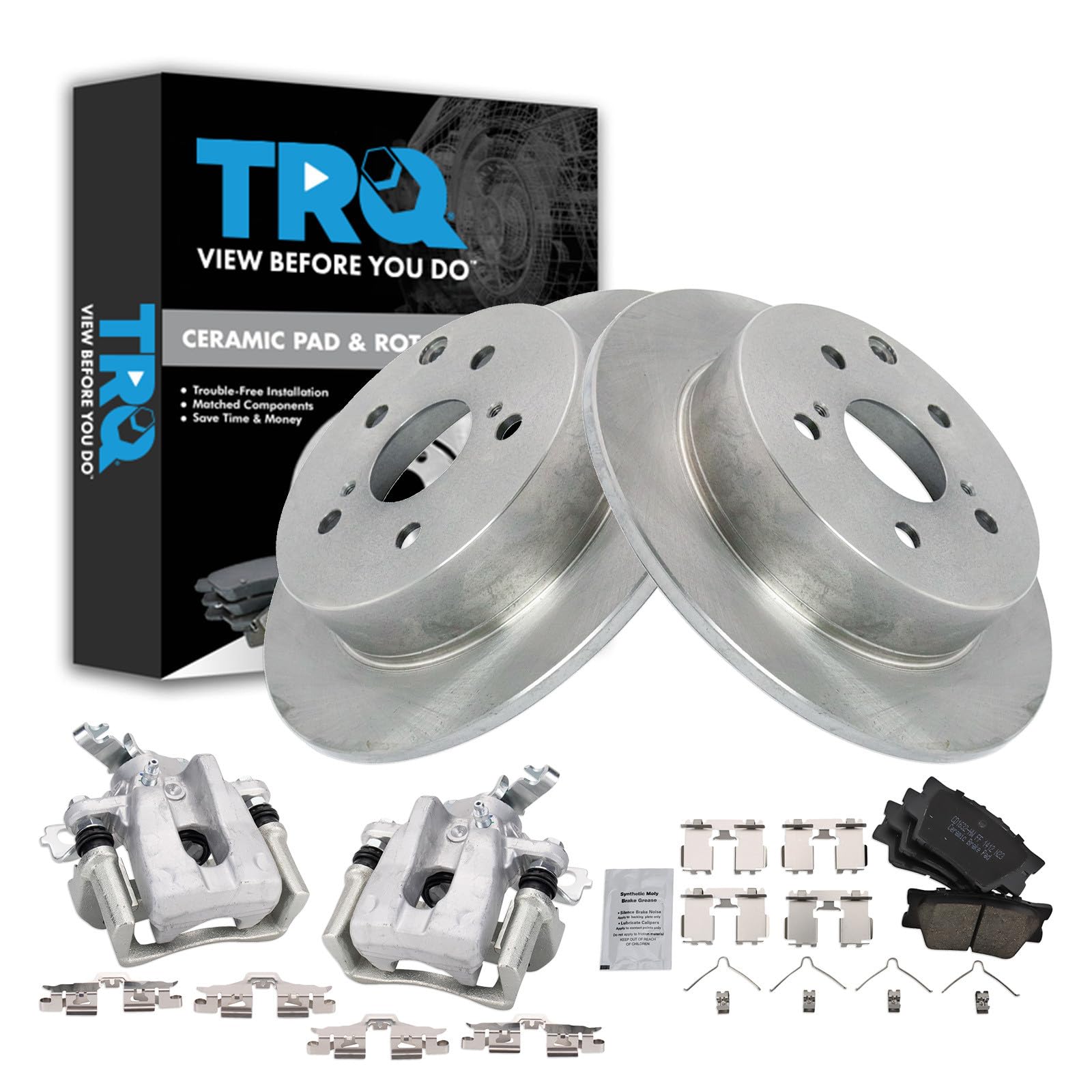 TRQ Rear Brake Pad and Rotor Set Ceramic Rotors Calipers Compatible with 2009-2010 Pontiac Vibe 2009-2013 Toyota Matrix