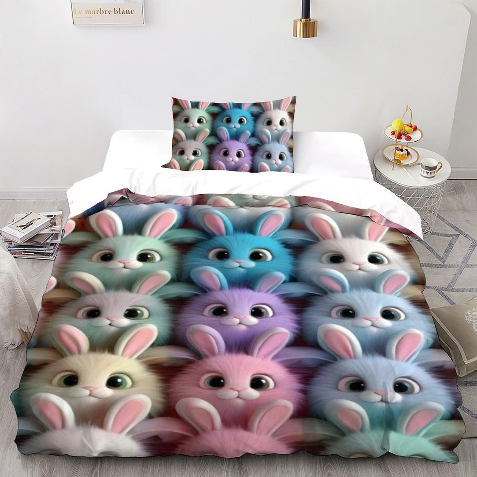 Housse de couette single lapin en microfibre 135x200cm imprimé 3D avec fermeture éclair