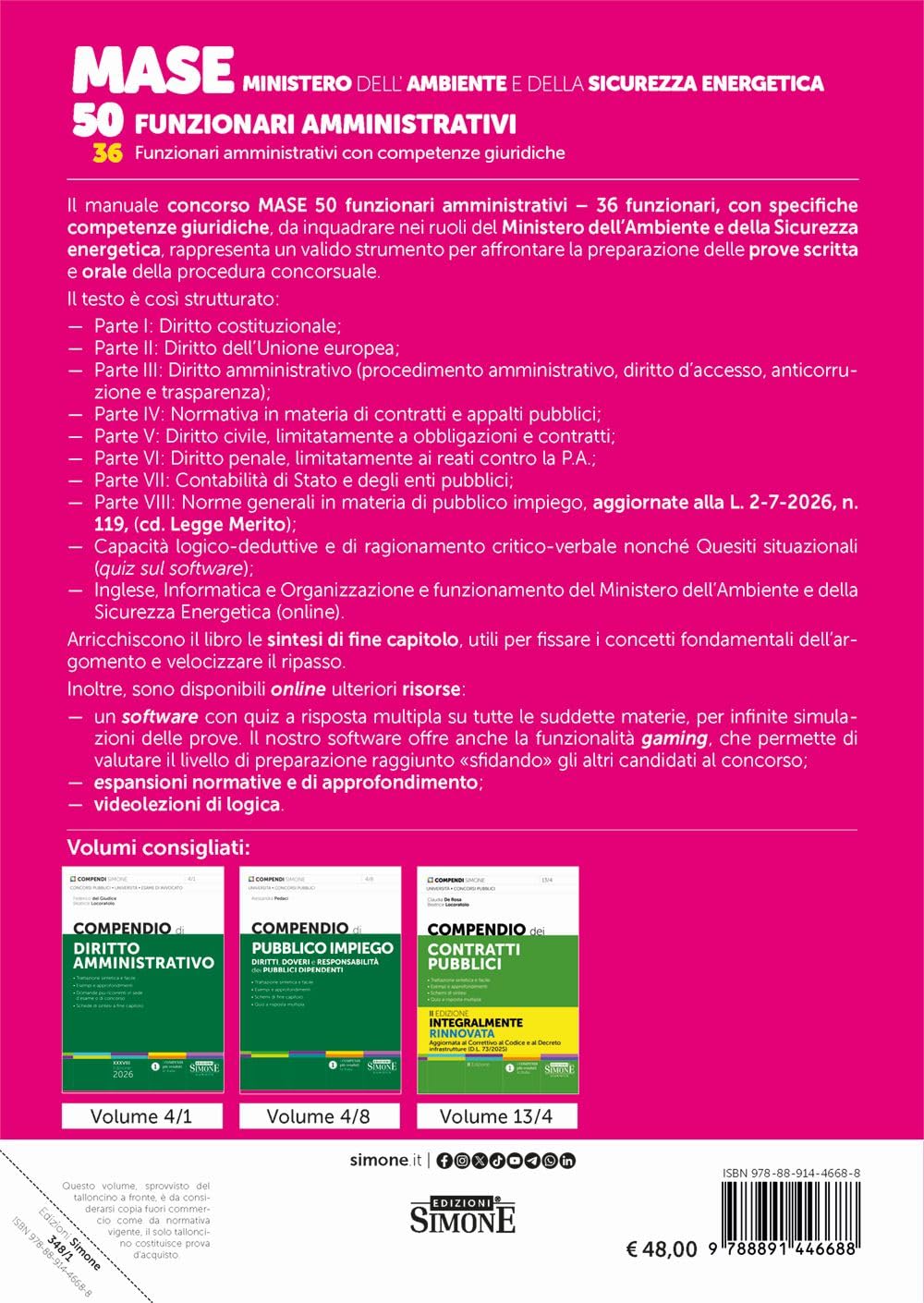 Concorso MASE. 50 posti. 36 funzionari amministrativi con competenze giuridiche. Con espansioni online. Con software per la simulazione della prova. Con videolezioni di logica