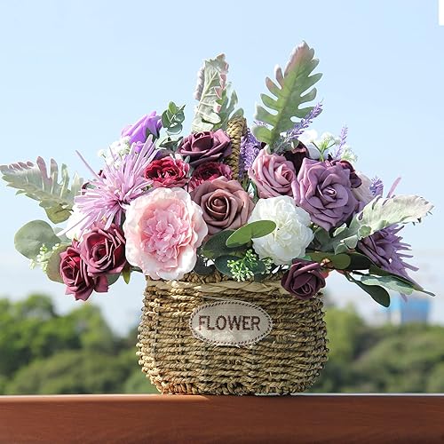 Miniatura 8 de LELEE Flores artificiales a granel para decoración de boda, flores falsas de seda púrpura polvoriento, rosas falsas de seda para ramos de boda,