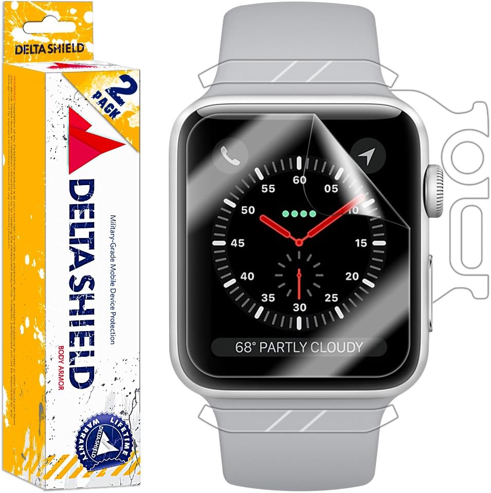 DeltaShieldApple Watch Series 3 Screen Protector (38mm)[2-Pack], DeltaShield BodyArmor Full Coverage Back + Front Screen Protector for Apple Watch Series 3 Clear HD Anti-Bubble Film