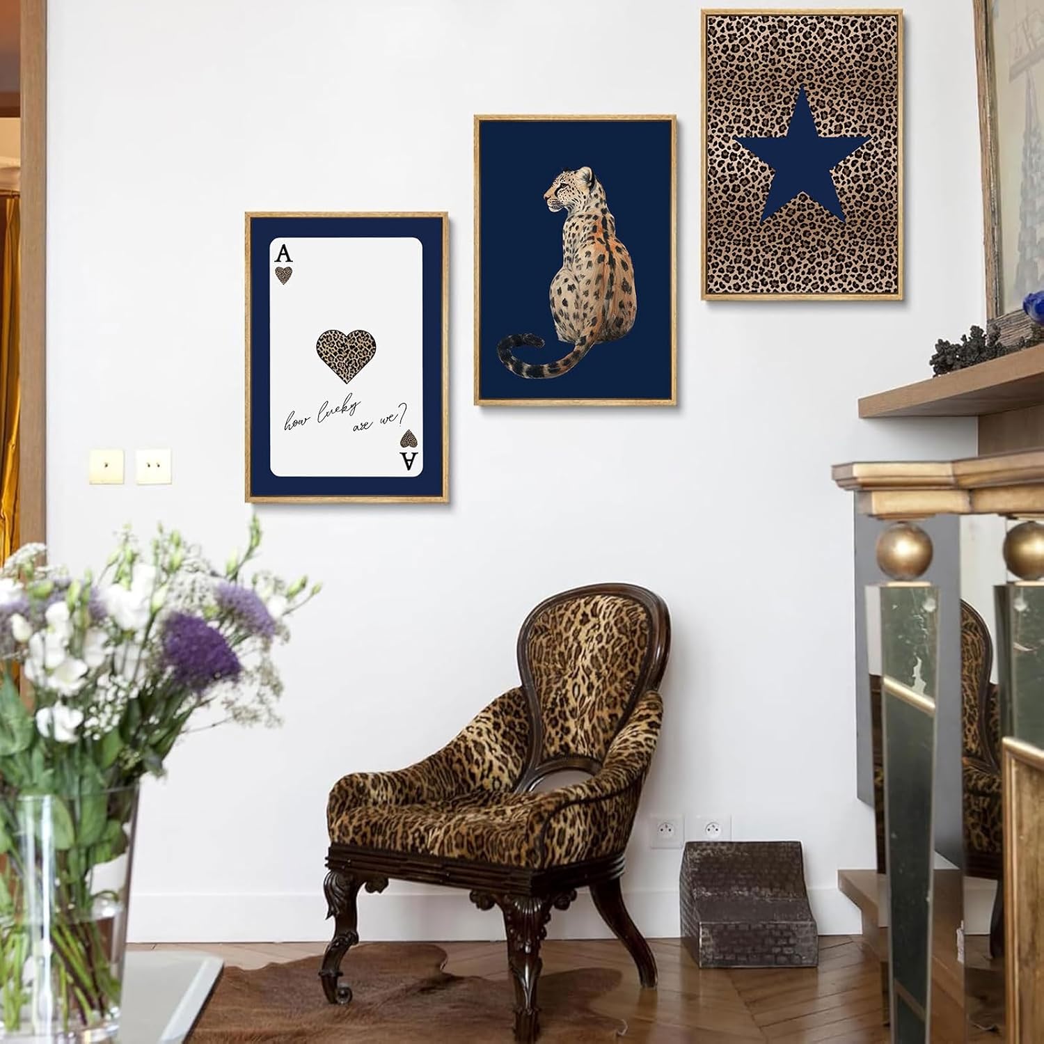 KLXCAJAM 3Pcs Navy Leopard Wall Art Cheetah Vintage Prints Wall Decor Navy Blue Star Painting Pictures Lucky Trendy Artwork for Gallery Preppy Luxury Home Decoration 16x24in Poster