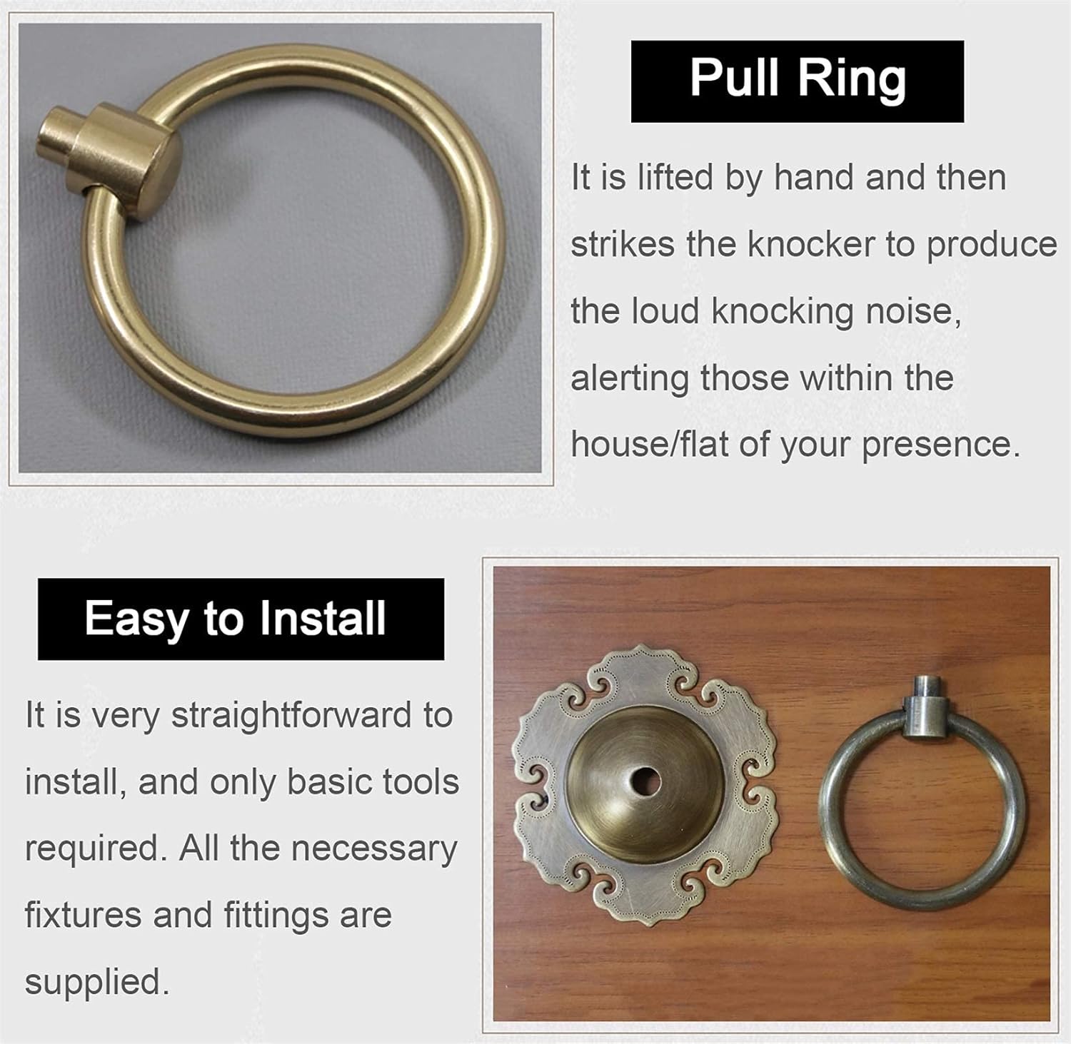 Handle gate Knocker Ring,Brass Door Knocker Handle for Thick Doors with Vintage Finish Antique Style Pull Ring Cupboard Knocker (11CM/4.33INCH)
